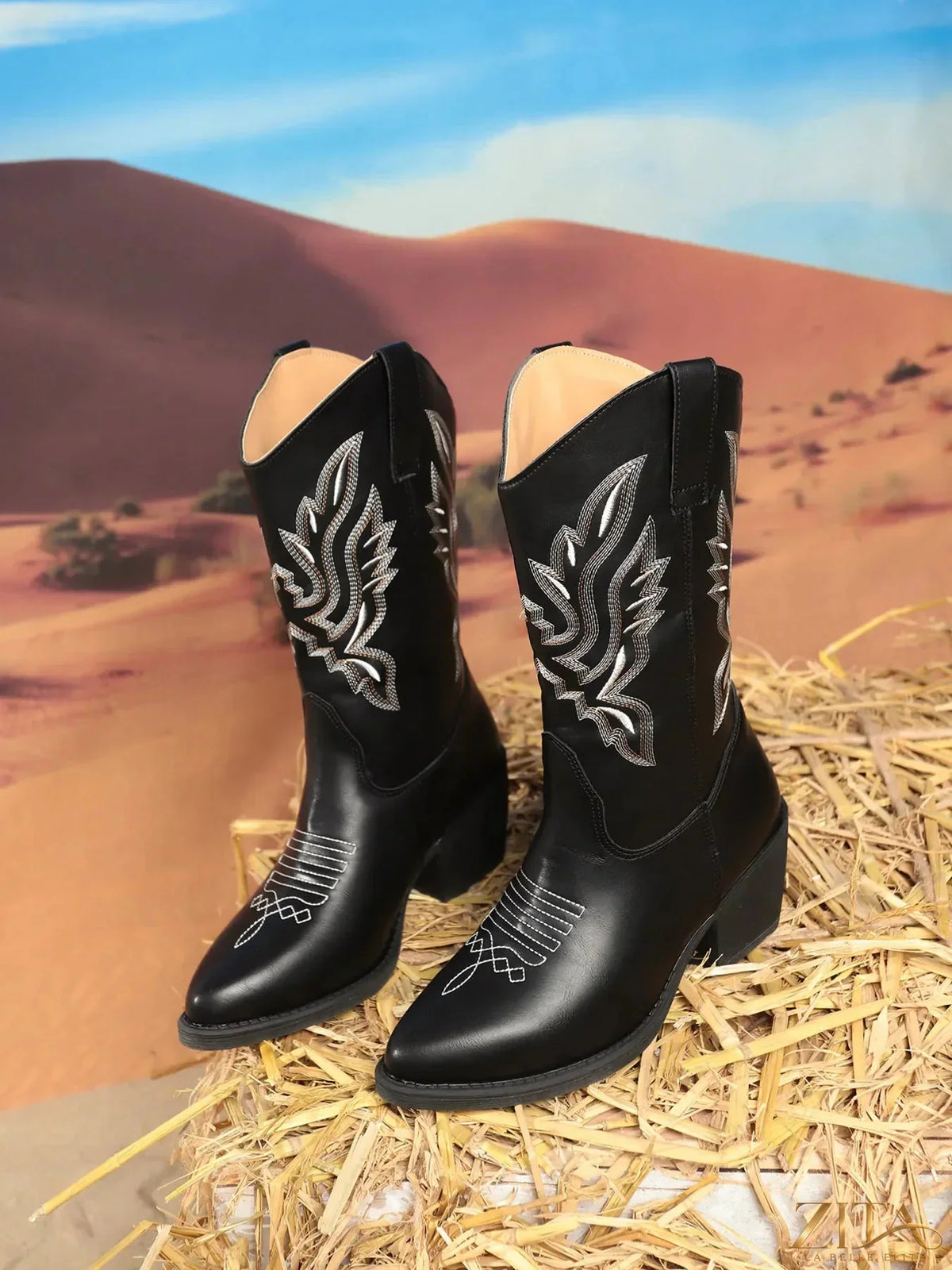 Zita La Belle Elite point toe block heel boots with sleek black leather and stylish silhouette, perfect for elegant footwear.