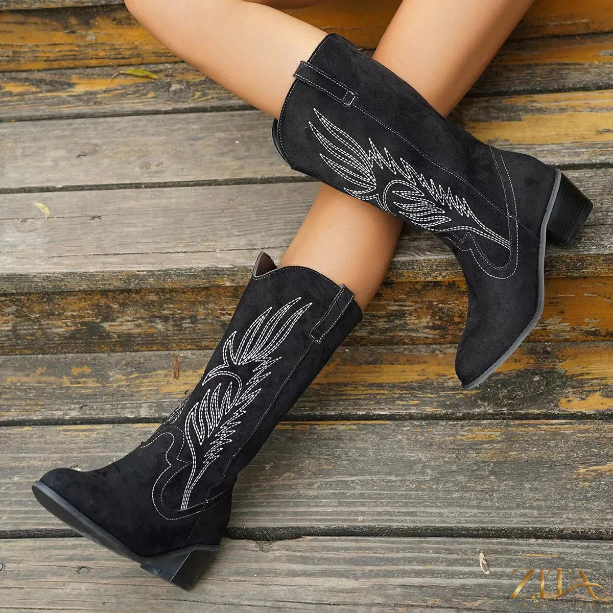 Zita La Belle Elite point toe block heel boots with sleek black leather and stylish ankle height.