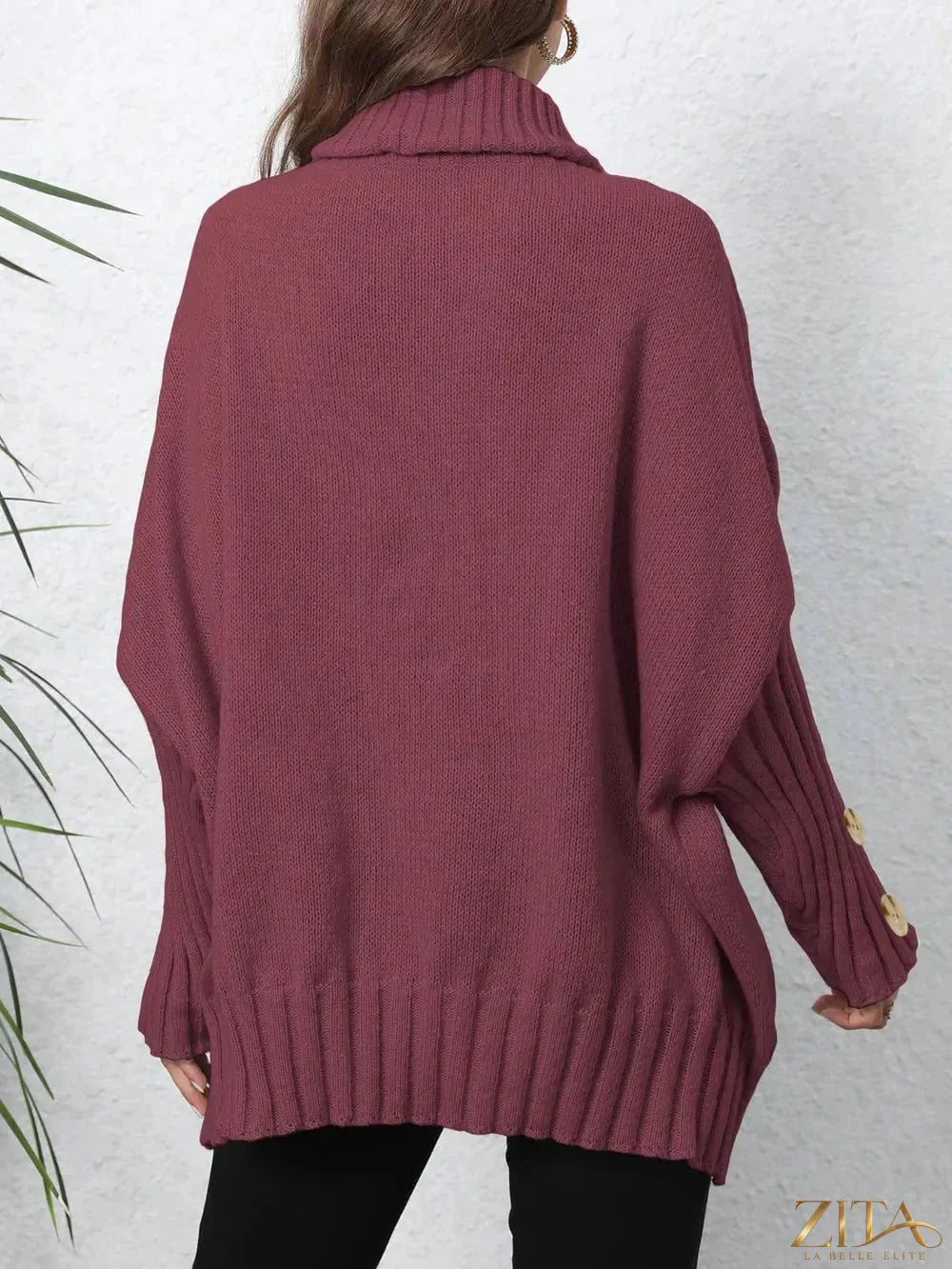 Trendsi turtleneck long sleeve sweater featuring a fitted knit design in a neutral color, close-up of fabric texture.