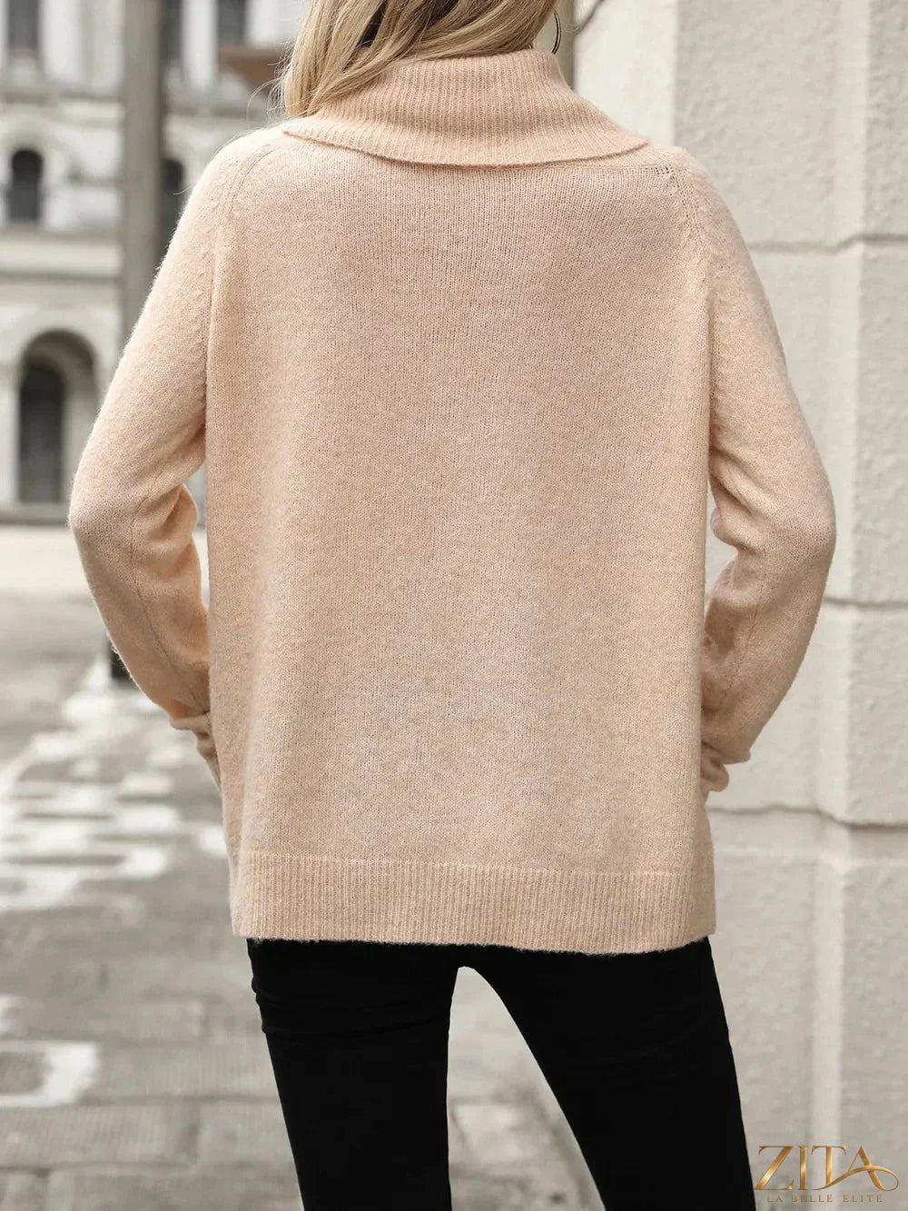 Navy turtleneck long sleeve sweater by Trendsi, close-up of soft knit fabric and fitted design on model.