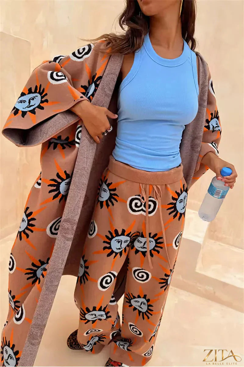 Zita La Belle Elite sun graphic top, cardigan, and pants 3-piece sweater set, casual knit outfit for women, soft and stylish.