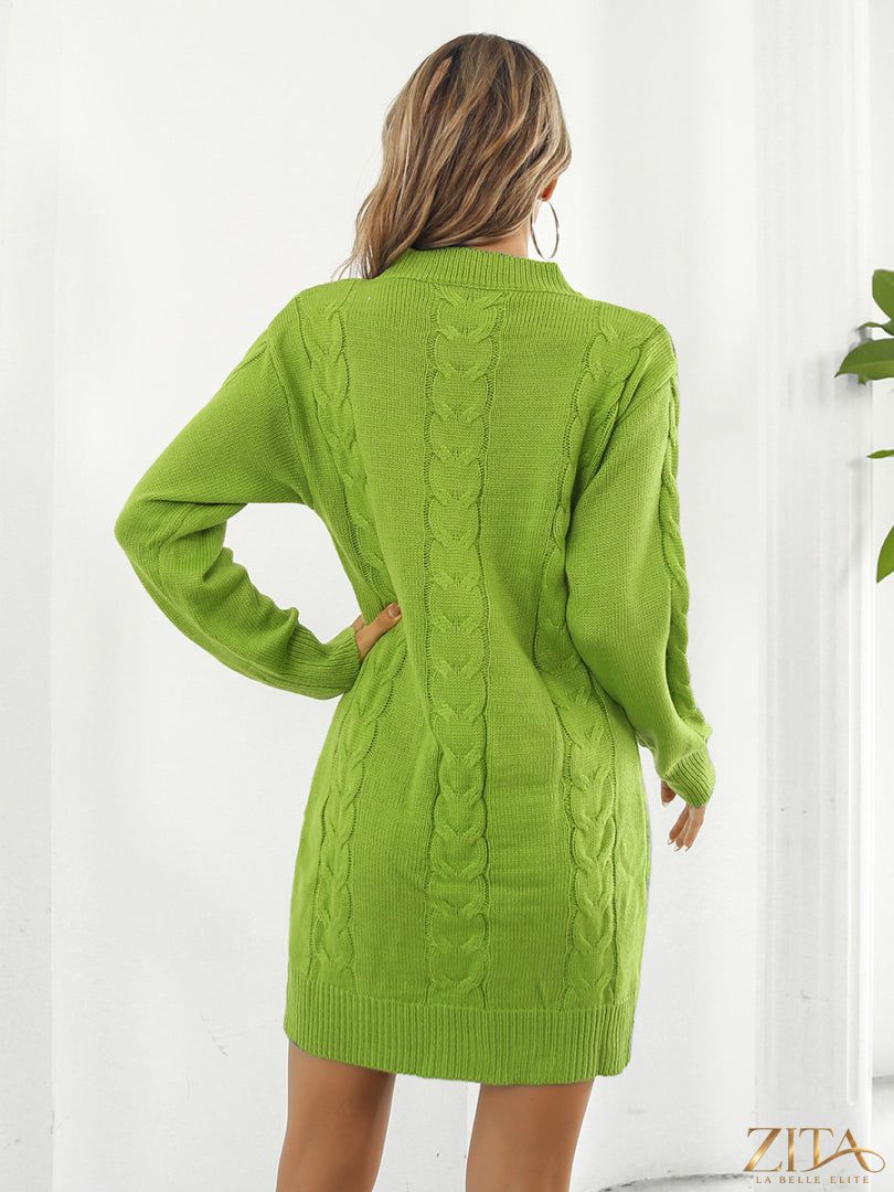 Zita La Belle Elite cable-knit round neck sweater dress displayed on a mannequin, showcasing its cozy, textured knit fabric and classic design.