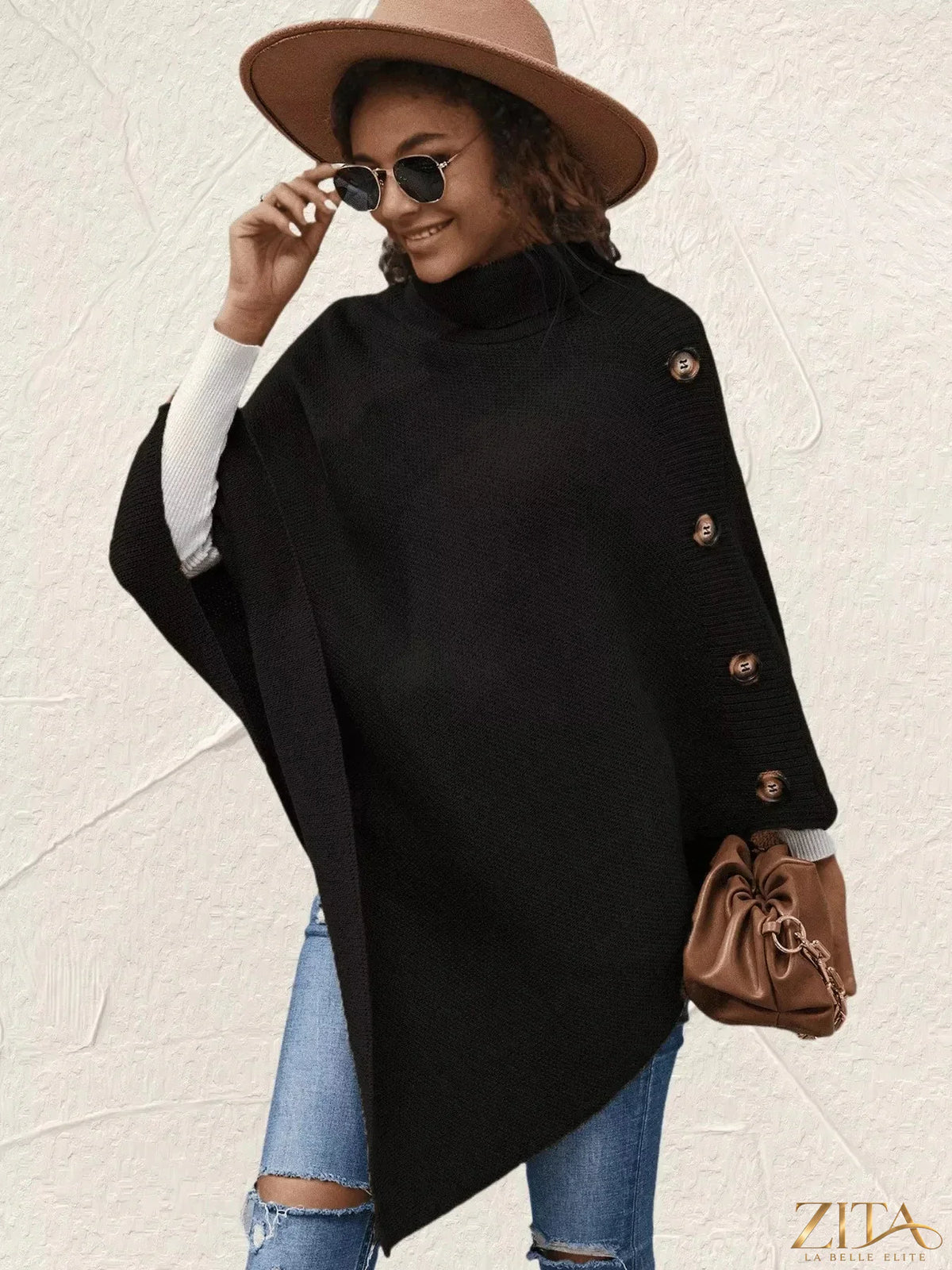 Zita La Belle Elite button-decor turtleneck poncho pullover in cozy knit fabric, featuring decorative buttons and a stylish turtleneck.