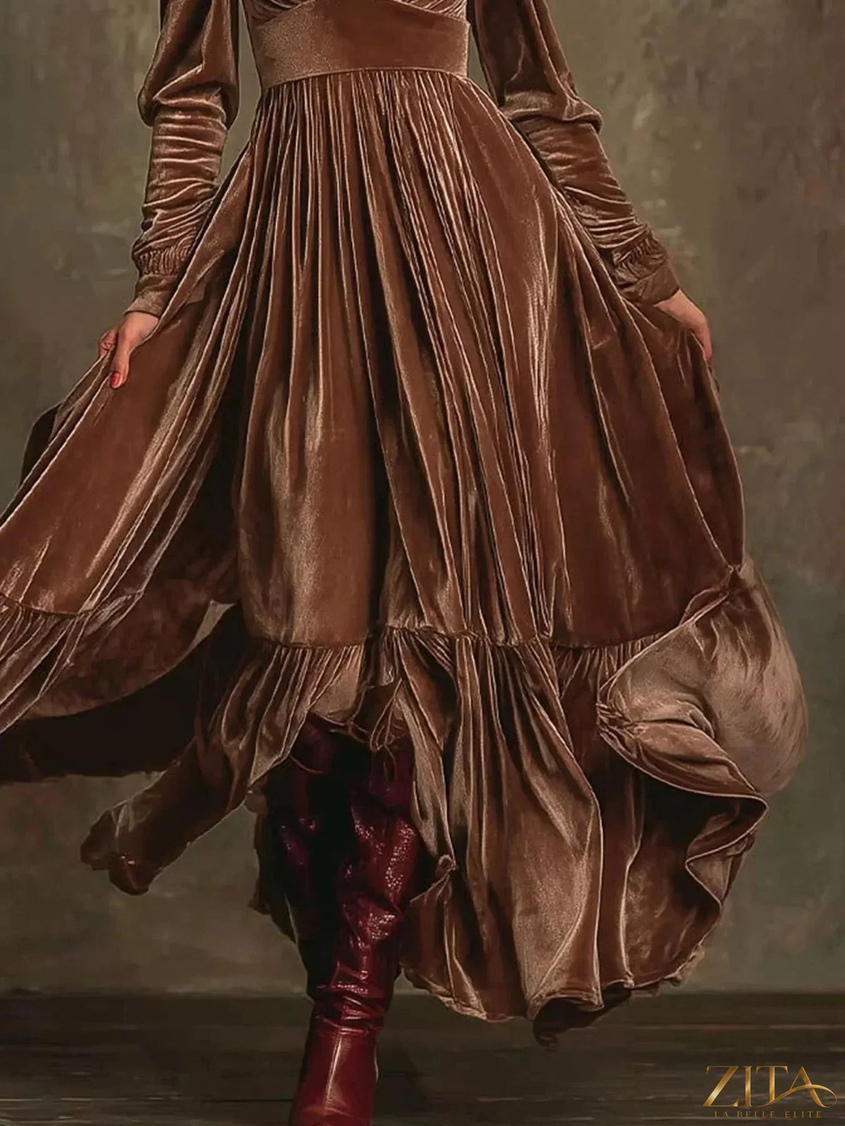 Long sleeve dress with ruffled hem by Trendsi featuring a stylish, flowing design and feminine ruffle details.