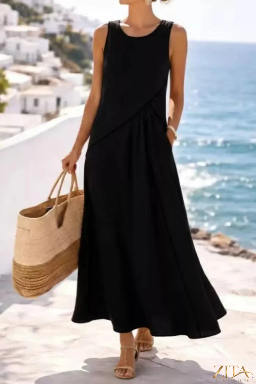 Zita La Belle Elite sleeveless casual maxi dress with contrast trim, flowing fabric and stylish design, front view.