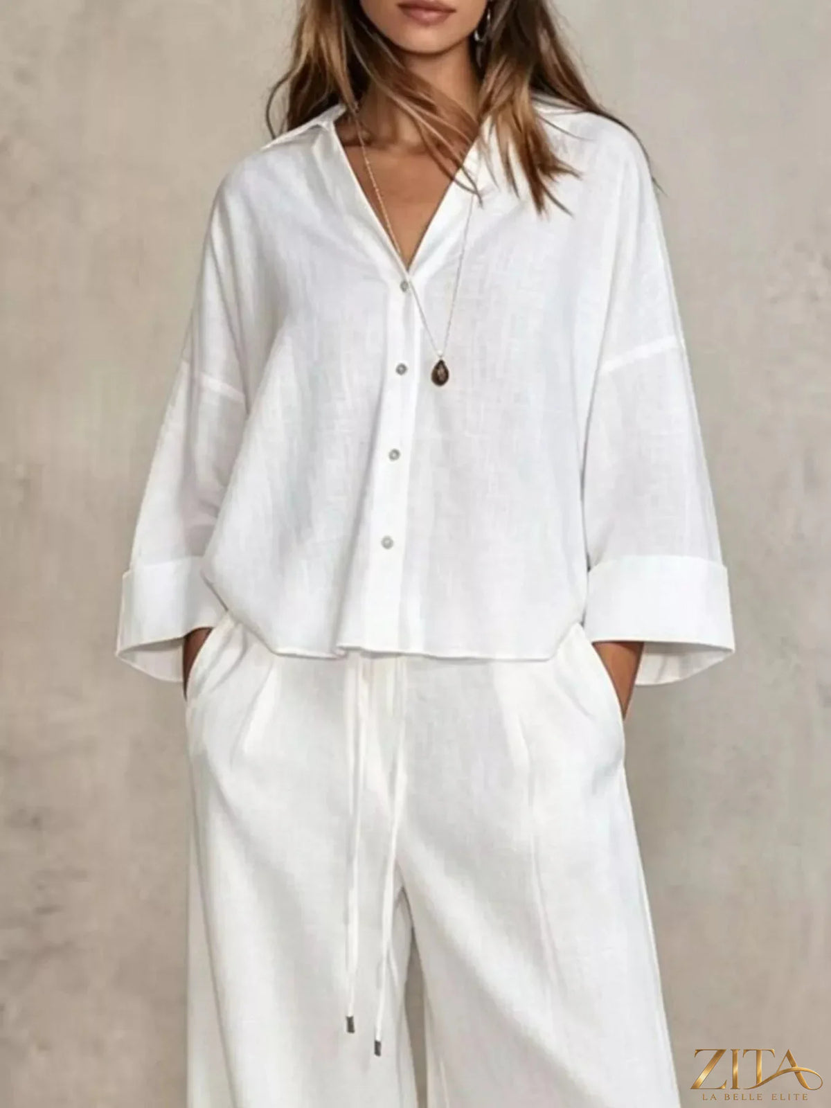 Plus size Zita La Belle Elite button-down shirt and wide-leg pants set, styled together in a full-size outfit.