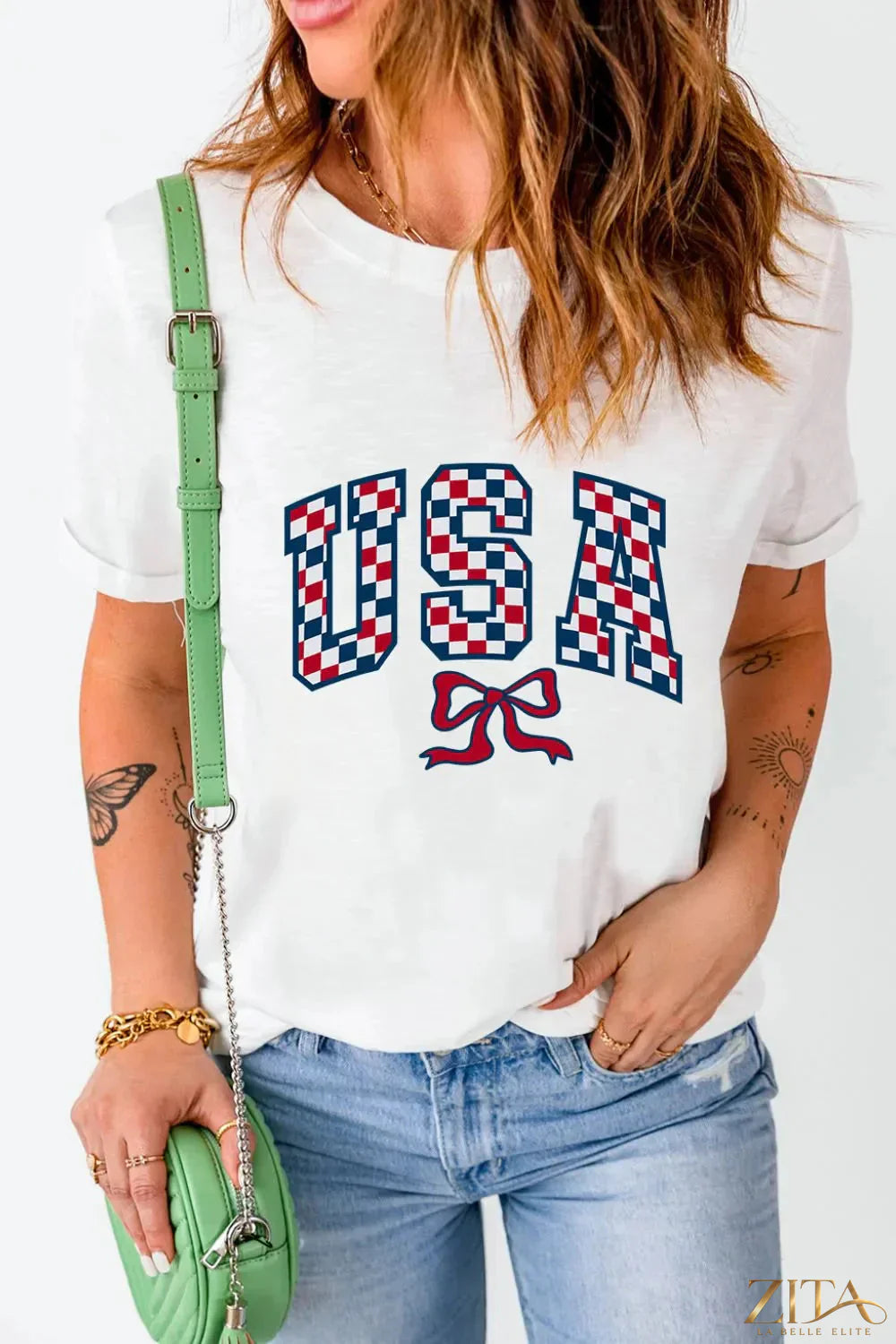 Checkered USA graphic round neck T-shirt by Trendsi featuring a bold checkered pattern and patriotic USA design.