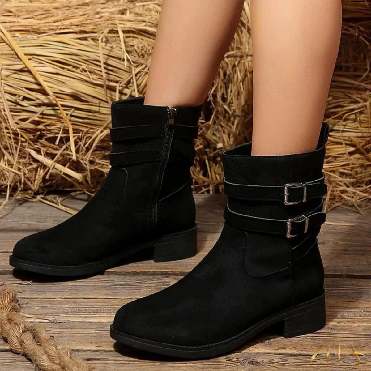 Zita La Belle Elite round toe block heel boots in black leather, featuring sleek design and sturdy heel for stylish comfort.