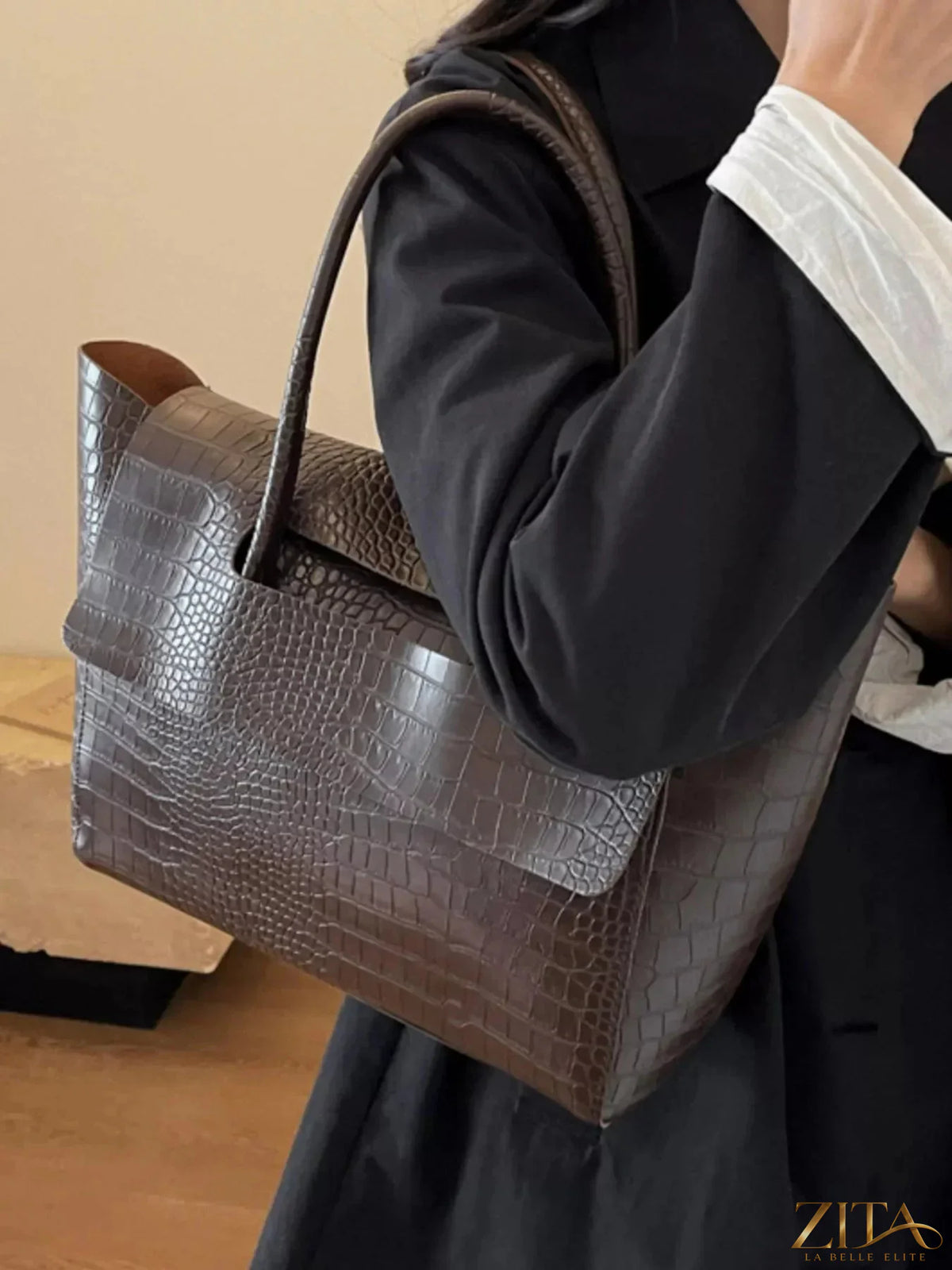 Crocodile embossed tote bag by Zita La Belle Elite with structured design and top handles, featuring textured crocodile pattern.