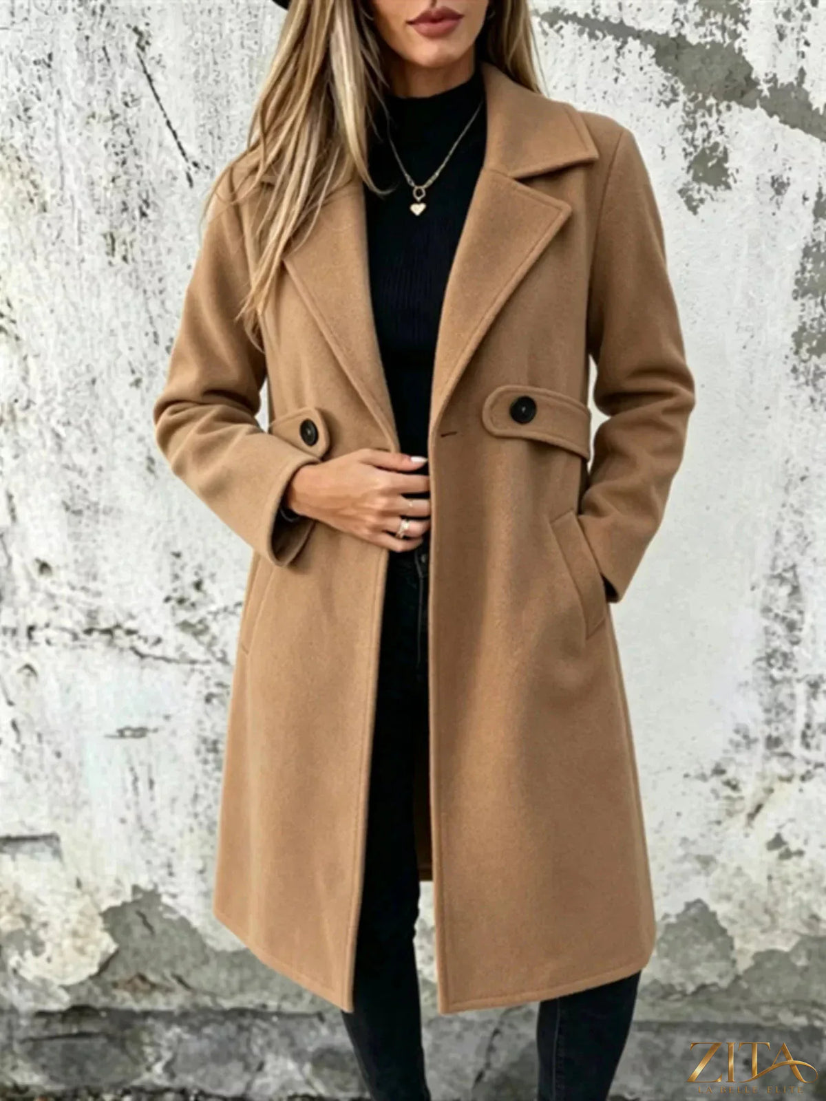 Plus size Zita La Belle Elite longline overcoat with lapel collar, full size, shown hanging on a clothing rack.