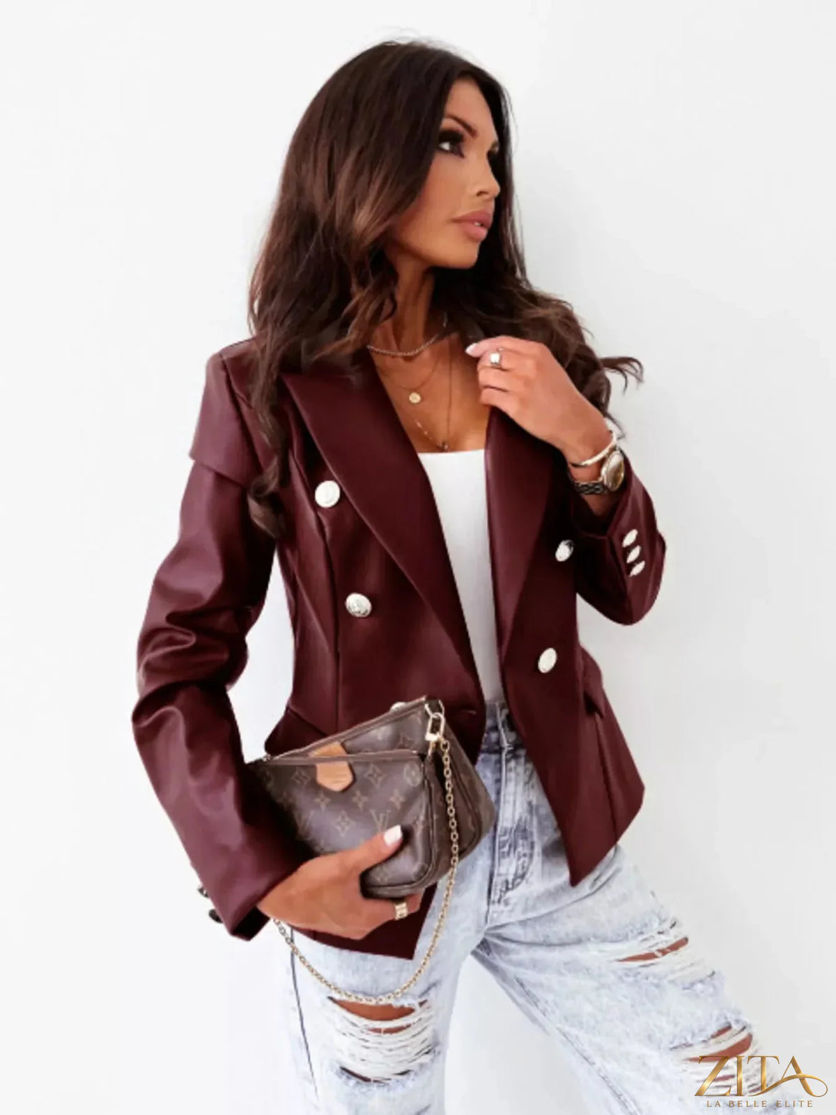 Zita La Belle Elite leather blazer with lapel collar, tailored fit, and stylish design, shown in a close-up view.