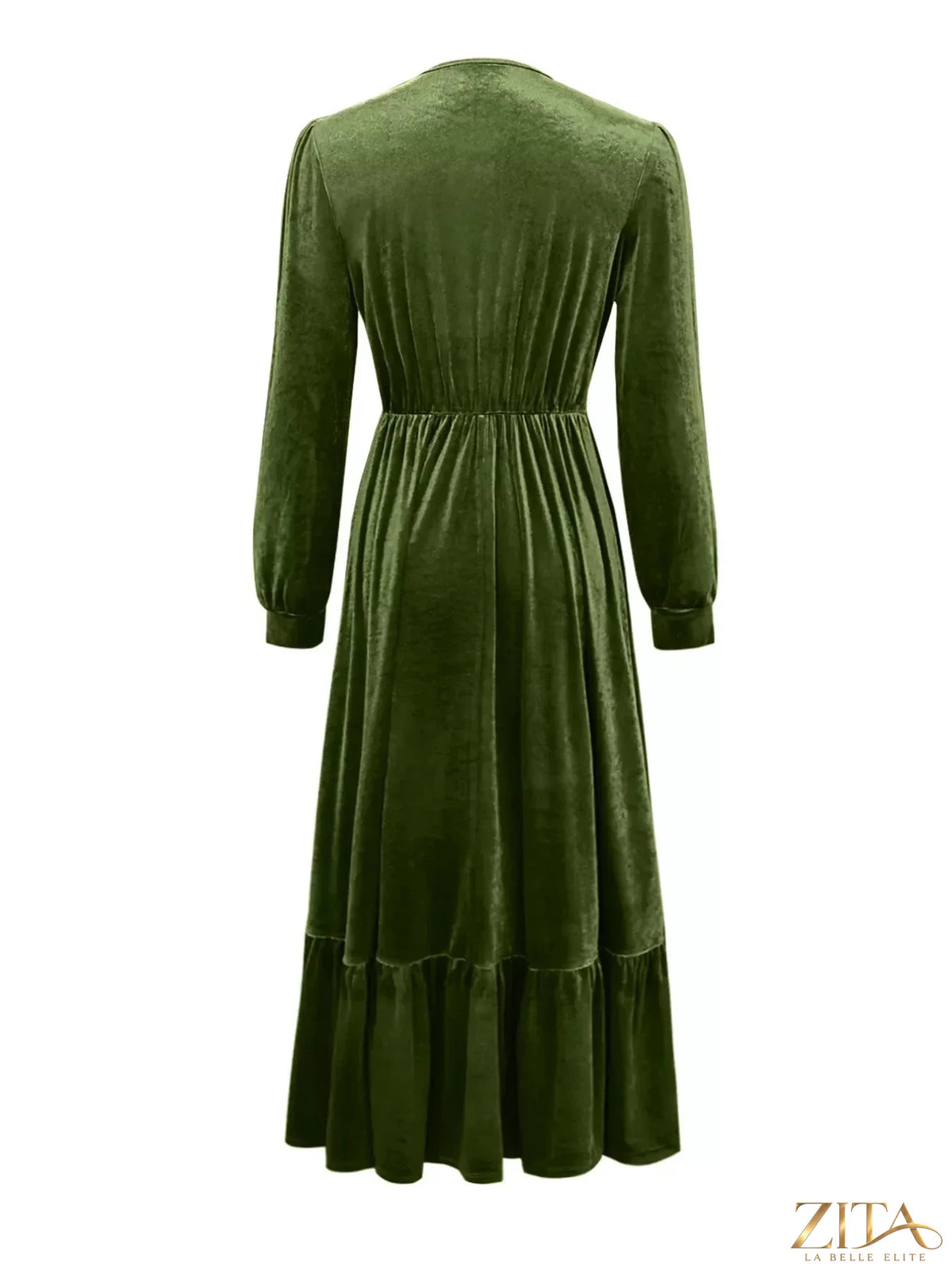 Long sleeve dress with ruffled hem from Trendsi, featuring a stylish design and flowing fabric, shown in a full-length view.