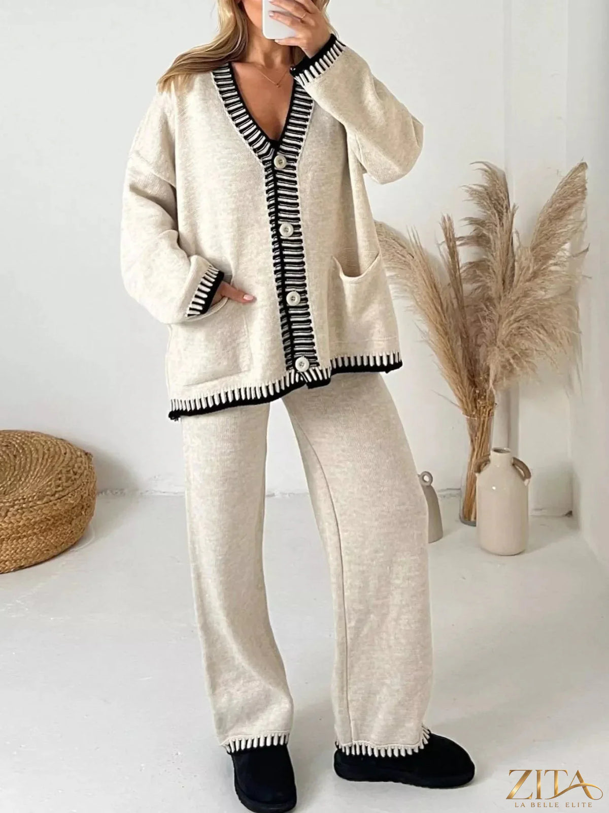 Zita La Belle Elite button-up V-neck cardigan and matching pants sweater set, in soft knit fabric, laid flat for display.