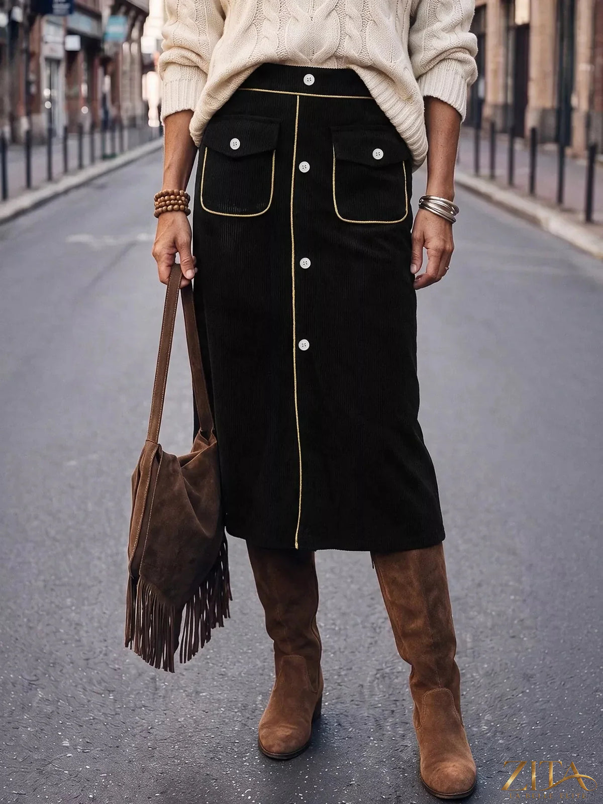 Zita La Belle Elite corduroy midi skirt in tan color, featuring a high waist and soft textured fabric.