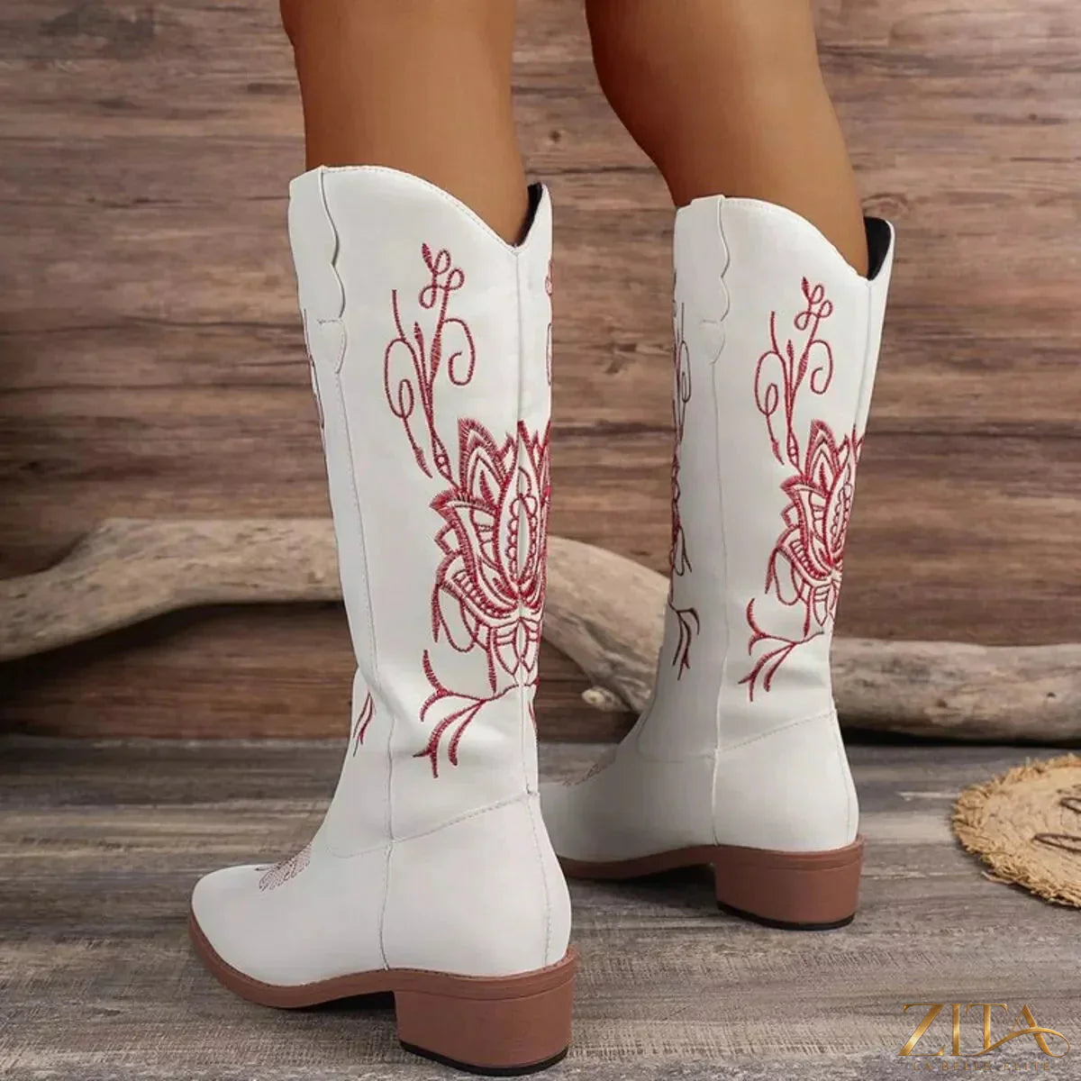 Zita La Belle Elite embroidered block heel boots featuring intricate embroidery and a stylish ankle-high design.