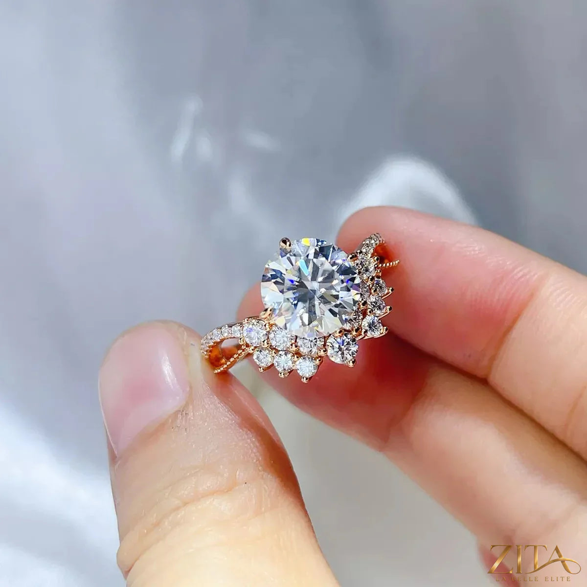Sterling silver moissanite ring with 3-carat gemstone from Zita La Belle Elite, showcasing sparkling silver band and brilliant stone.