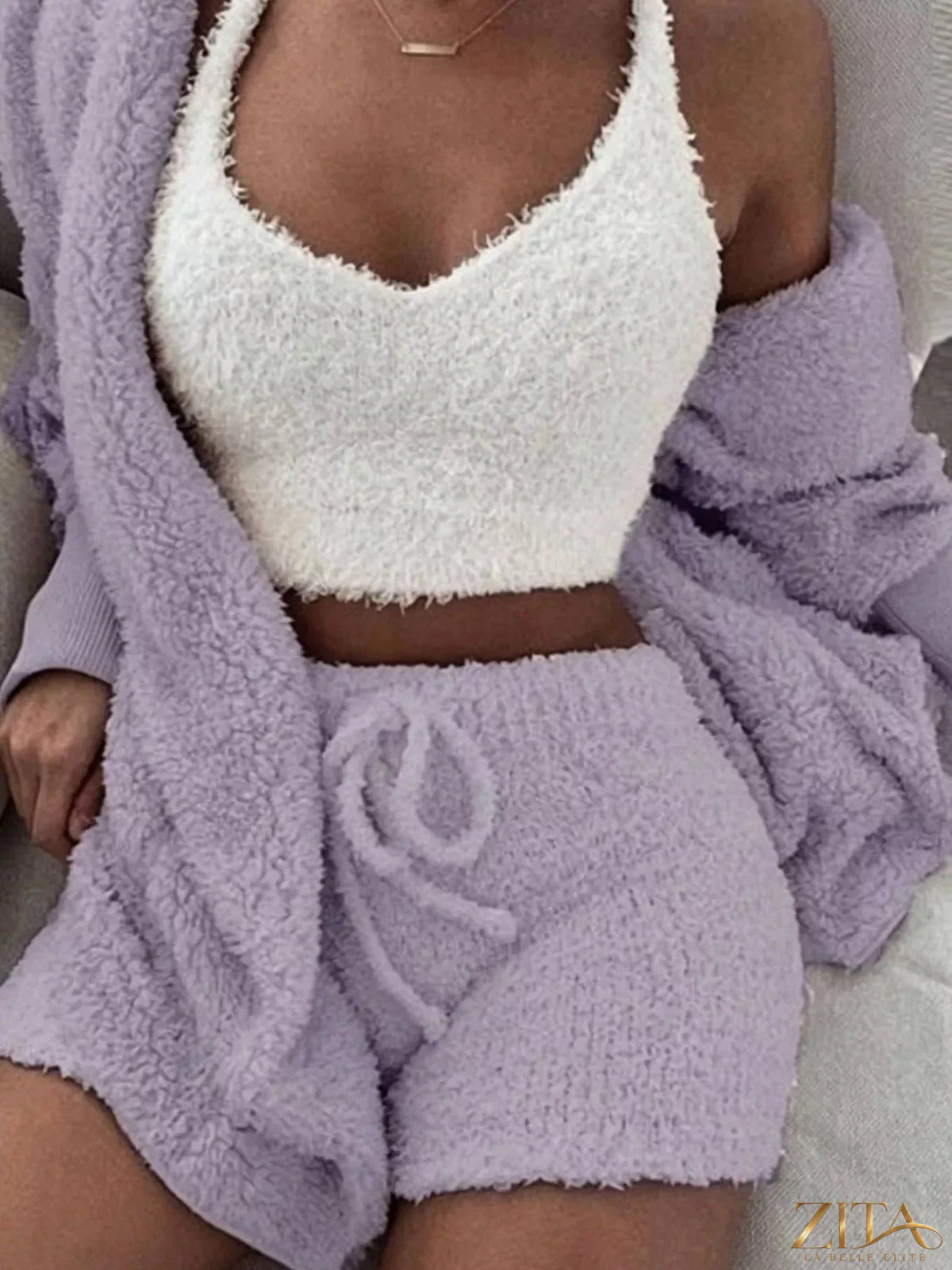 Plus size fuzzy plush cardigan lounge set by Zita La Belle Elite, featuring a cozy, soft fabric and relaxed fit.