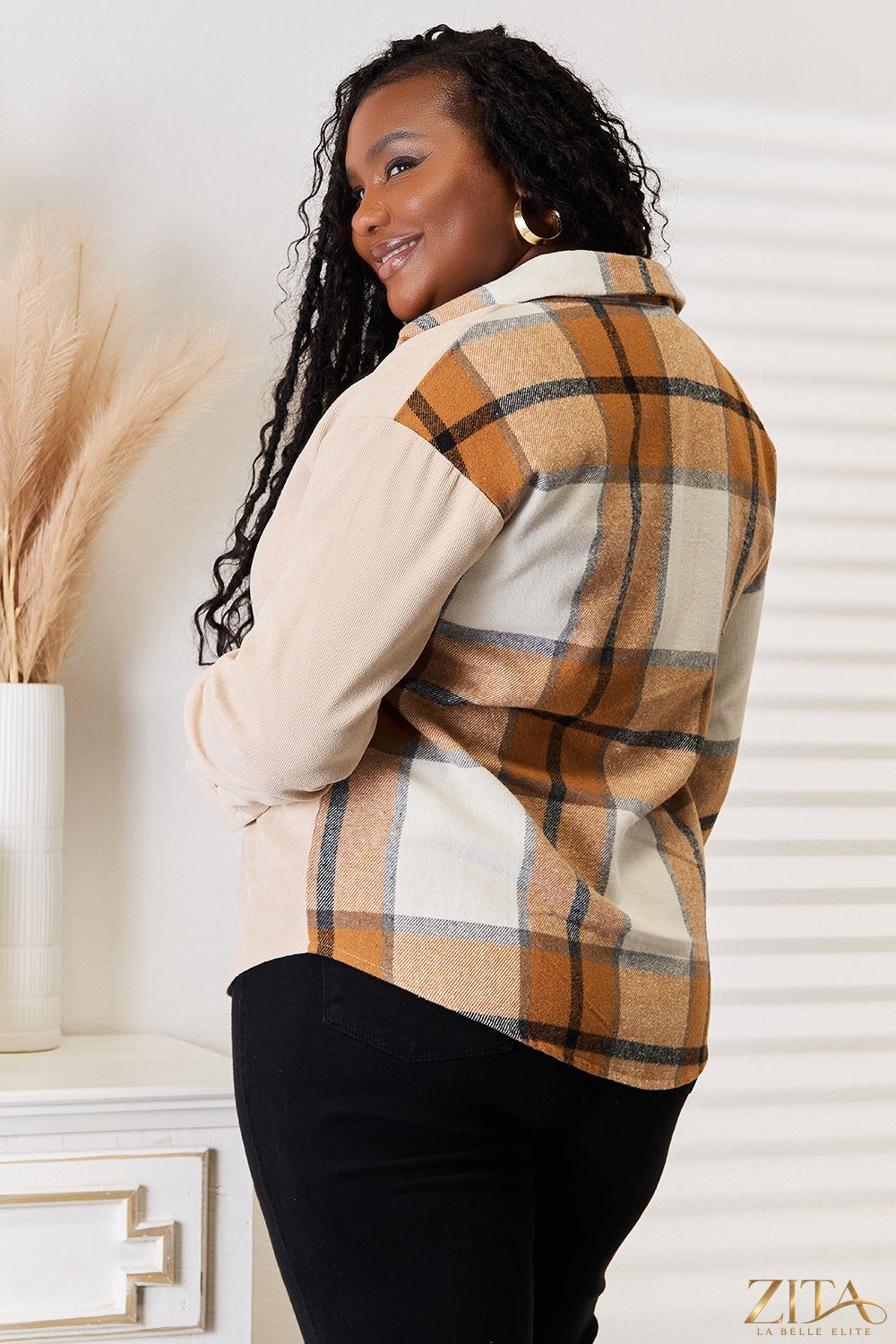 Zita La Belle Elite Perfee plaid print dropped shoulder shirt with long sleeves and relaxed fit, featuring a classic plaid pattern.