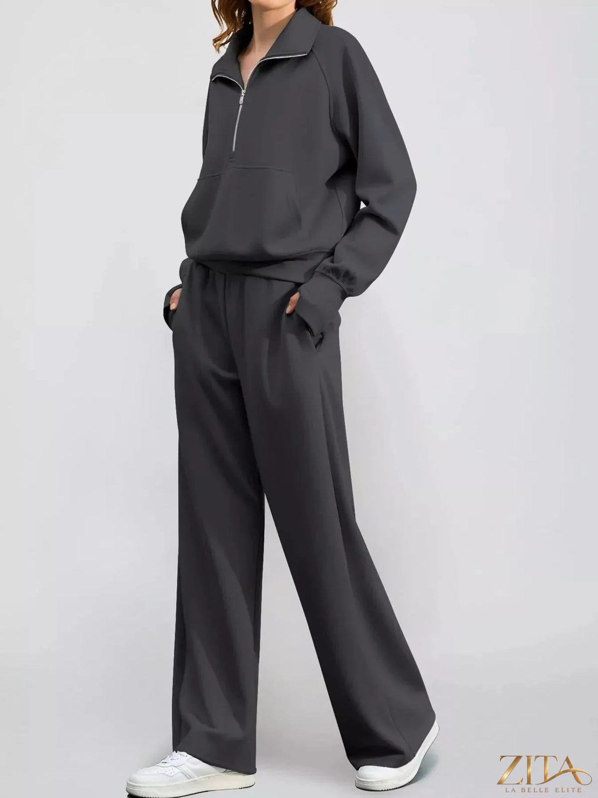Zita La Belle Elite half-zip sweatshirt and wide-leg pants set in soft fabric, displayed on a neutral background.