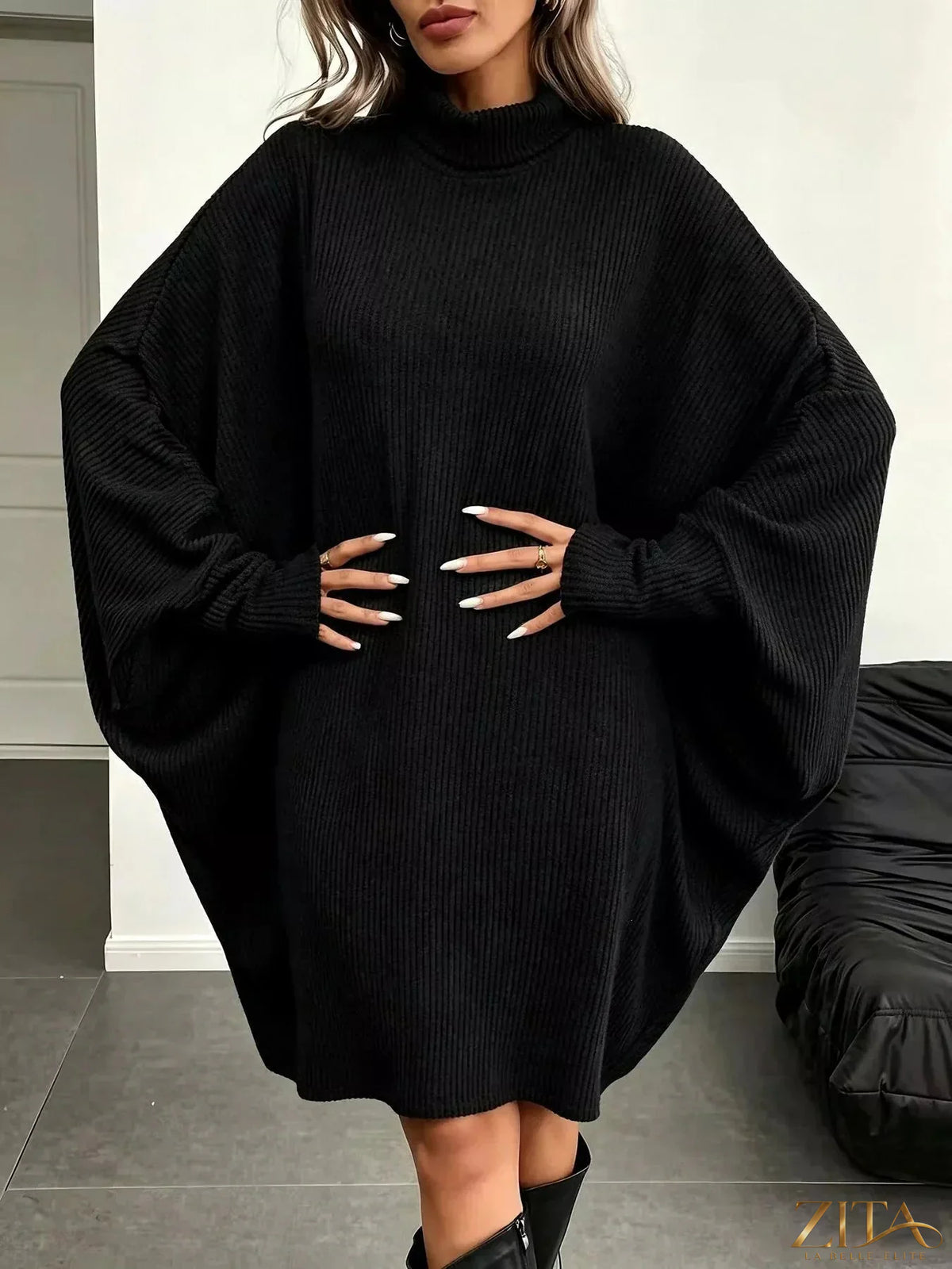 Zita La Belle Elite oversized ribbed knit turtleneck dress with batwing sleeves, black, stylish and cozy for cold weather.