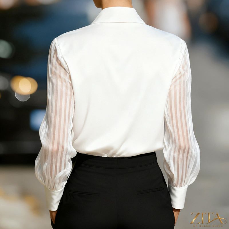 Zita La Belle Elite satin lapel collar sheer long sleeve casual blouse with elegant design and delicate fabric.