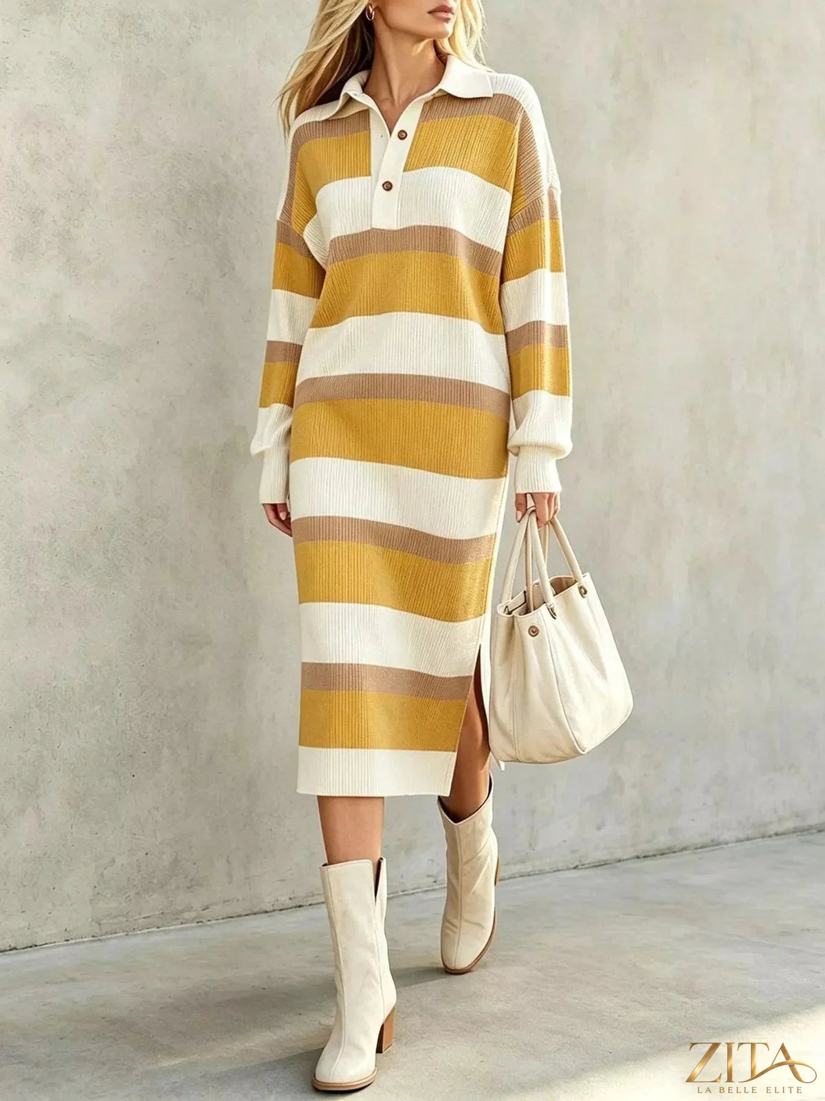 Zita La Belle Elite striped long sleeve sweater dress with polo collar and knit fabric, featuring horizontal blue and white stripes.