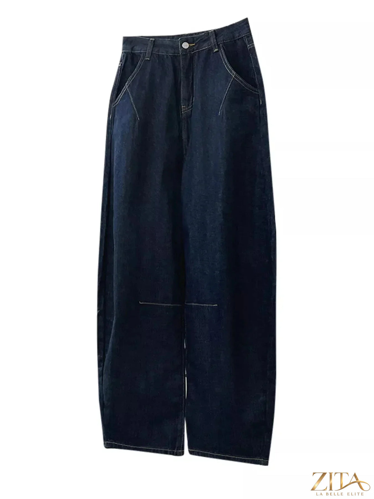 Zita La Belle Elite wide-leg barrel jeans displayed on a model, showcasing relaxed fit and high-waisted style in denim fabric.