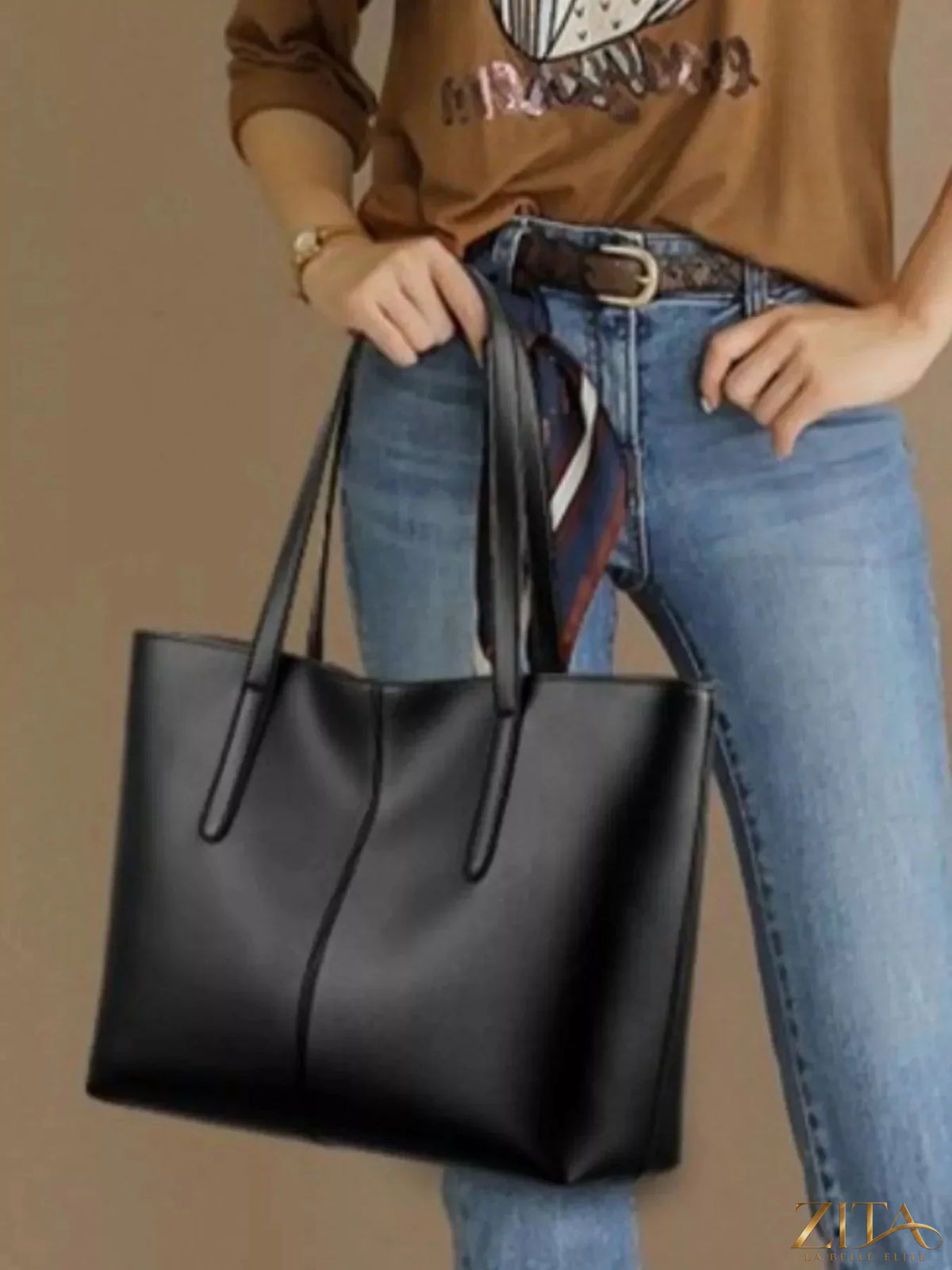 Zita La Belle Elite PU leather tote bag with double handles, spacious interior, and sleek design for everyday use