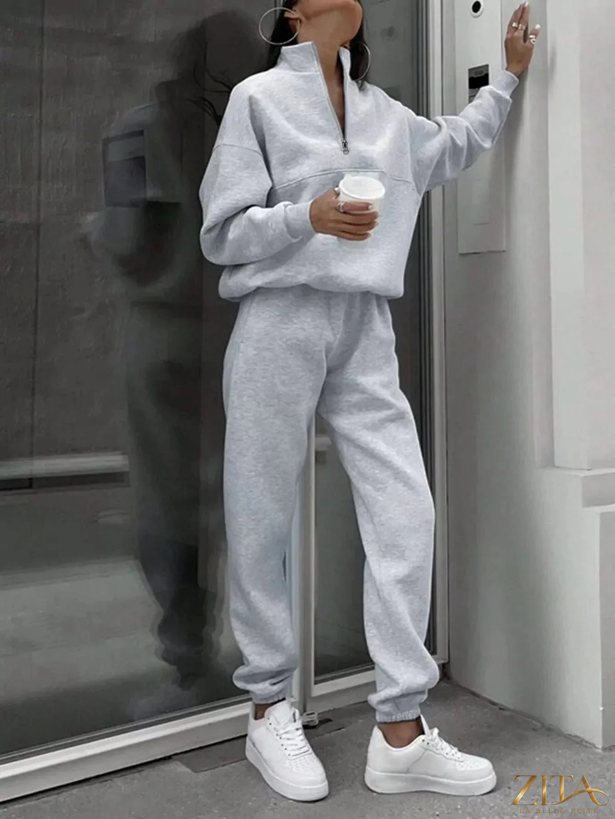 Zita La Belle Elite half zip sweatshirt and pants set in soft fabric, featuring a stylish zip neckline and comfortable fit.