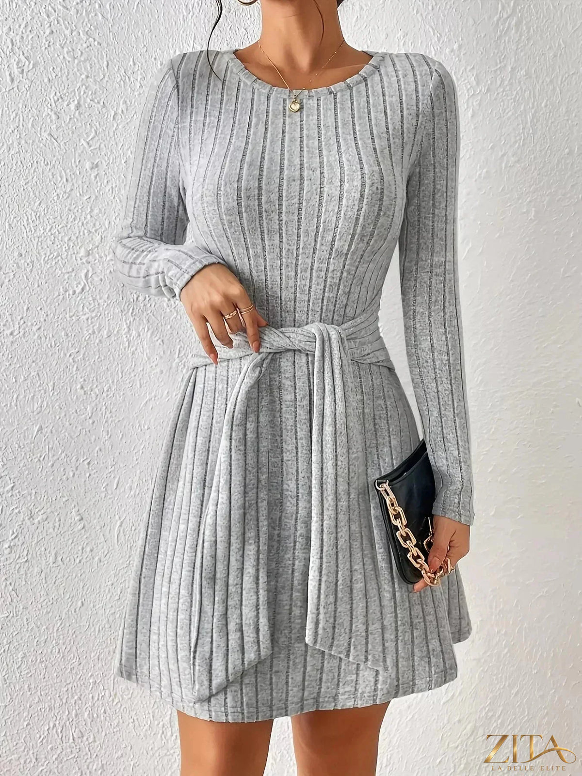 Zita La Belle Elite ribbed knit tie waist long sleeve casual dress in neutral color, featuring a relaxed fit and ribbed texture.
