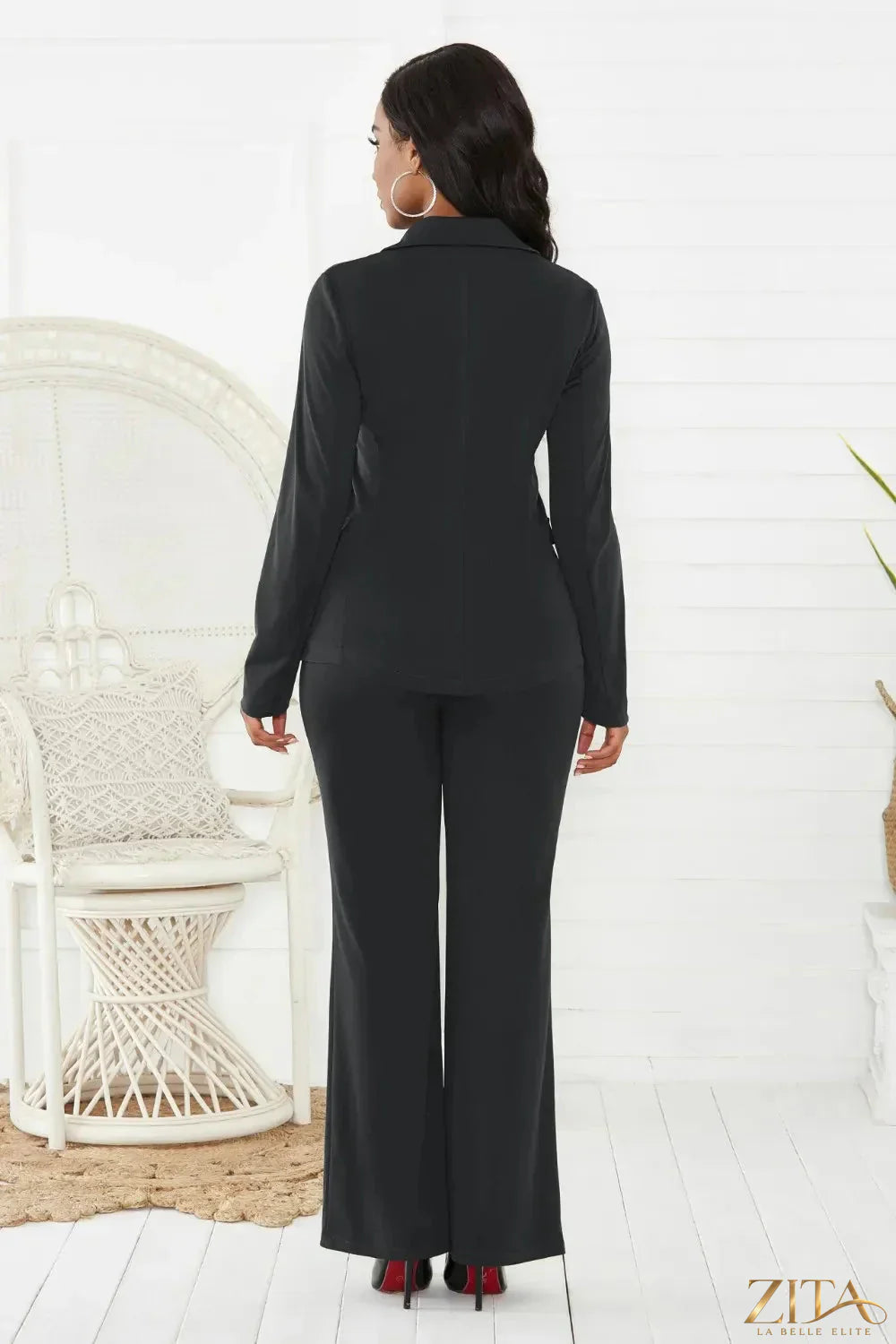 Zita La Belle Elite lapel collar long sleeve blazer and matching pants set, stylish tailored women's outfit on a model.