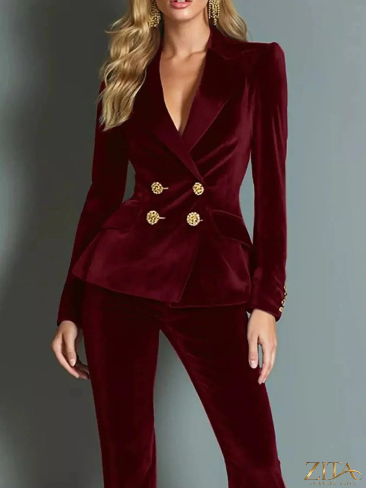 Zita La Belle Elite velvet double-breasted blazer and flared pants set, showcasing the luxurious fabric and stylish fit.