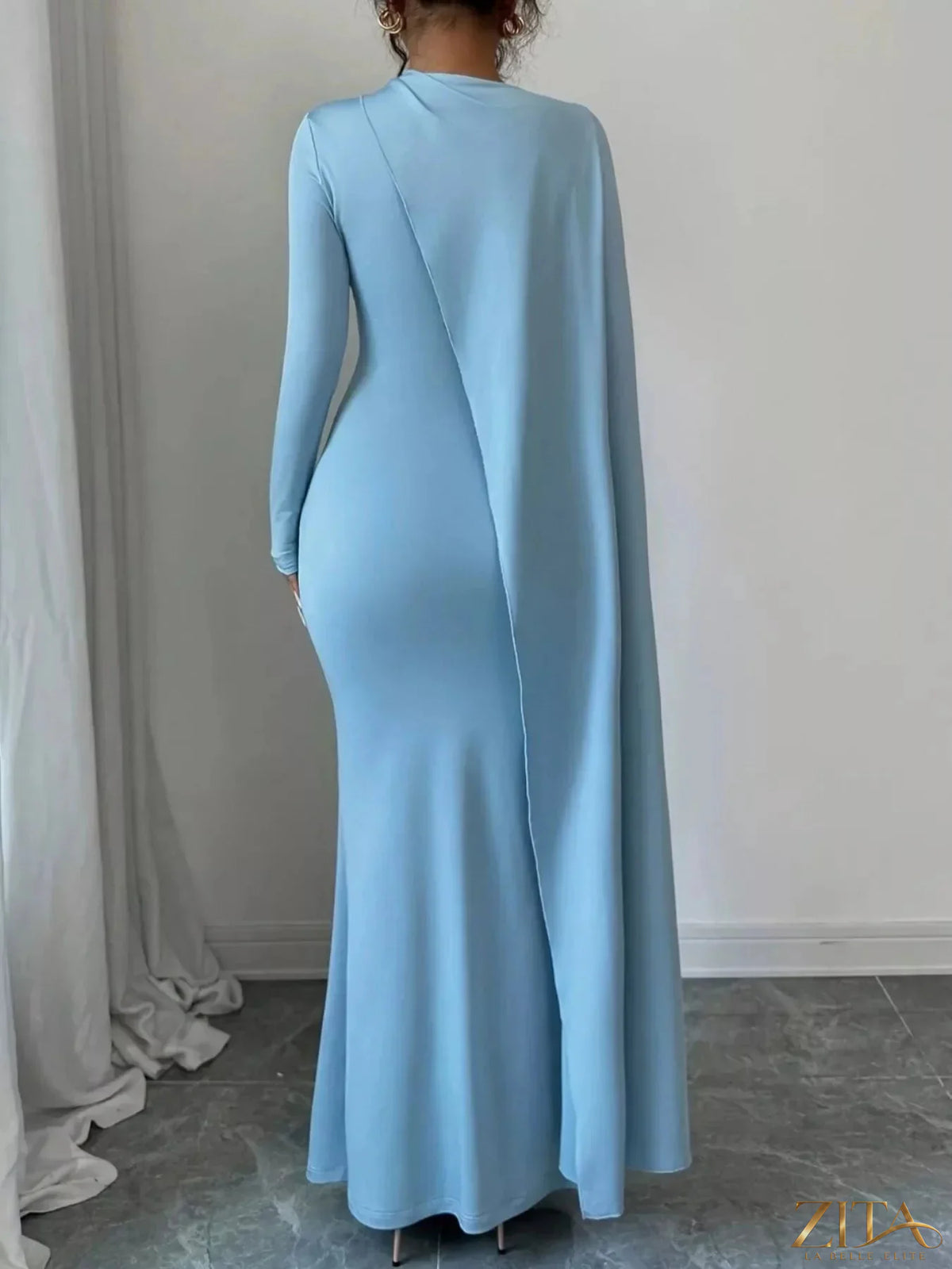 Zita La Belle Elite ruched long sleeve maxi dress in elegant fabric, featuring a fitted bodice and flowing skirt.