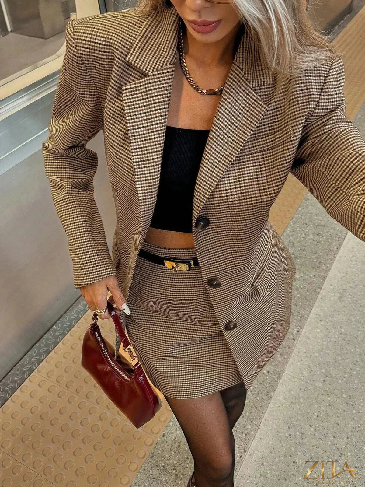 Zita La Belle Elite plaid blazer and skirt set, single-breasted with tailored fit, featuring classic checkered pattern and stylish design.