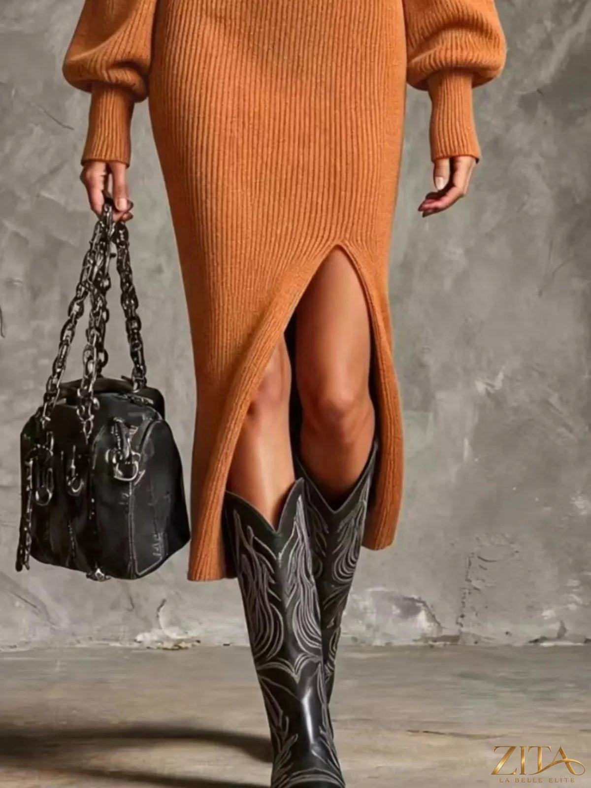Zita La Belle Elite ribbed knit quarter-zip lantern sleeve sweater dress, featuring a fitted silhouette and textured fabric.