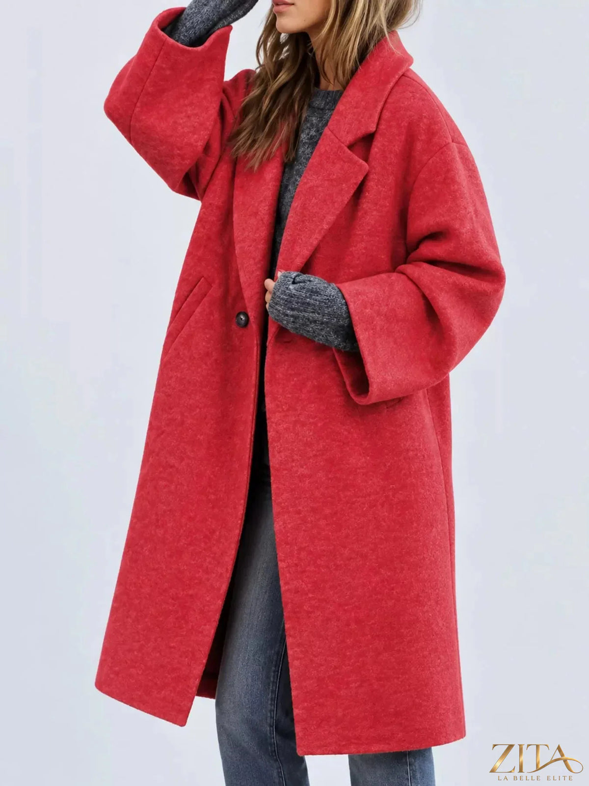 Plus size Zita La Belle Elite coat with lapel collar and single button front, full-length stylish outerwear.