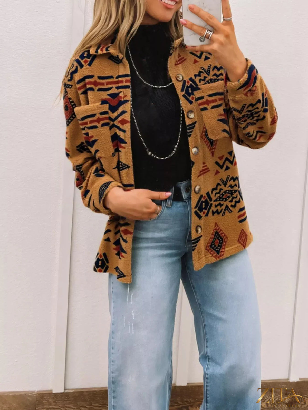 Zita La Belle Elite Western Aztec pattern fleece button-up shacket with earthy colors and intricate geometric designs.