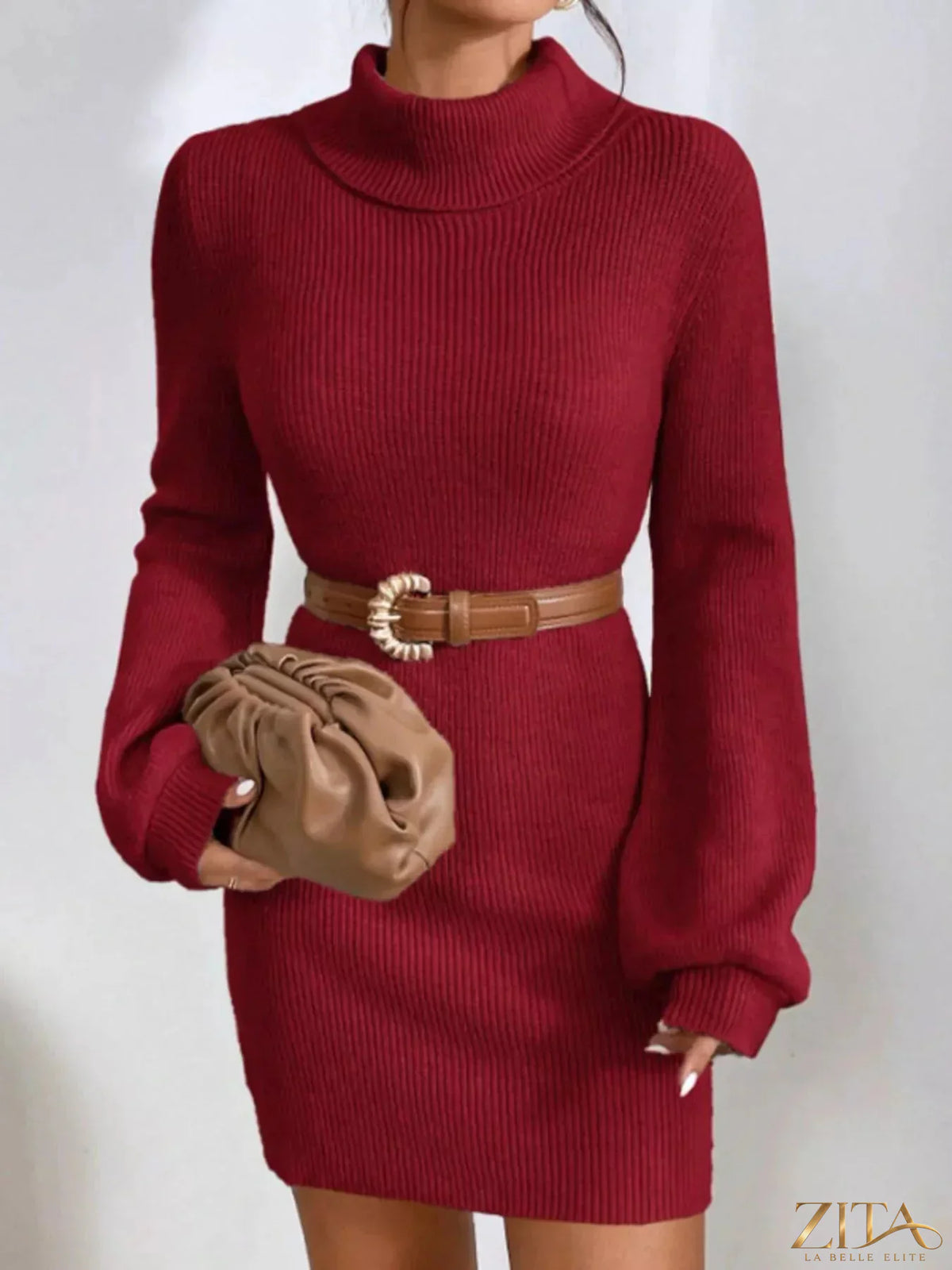 Ribbed knit turtleneck sweater dress by Trendsi featuring a fitted silhouette and long sleeves in a cozy, stylish design.