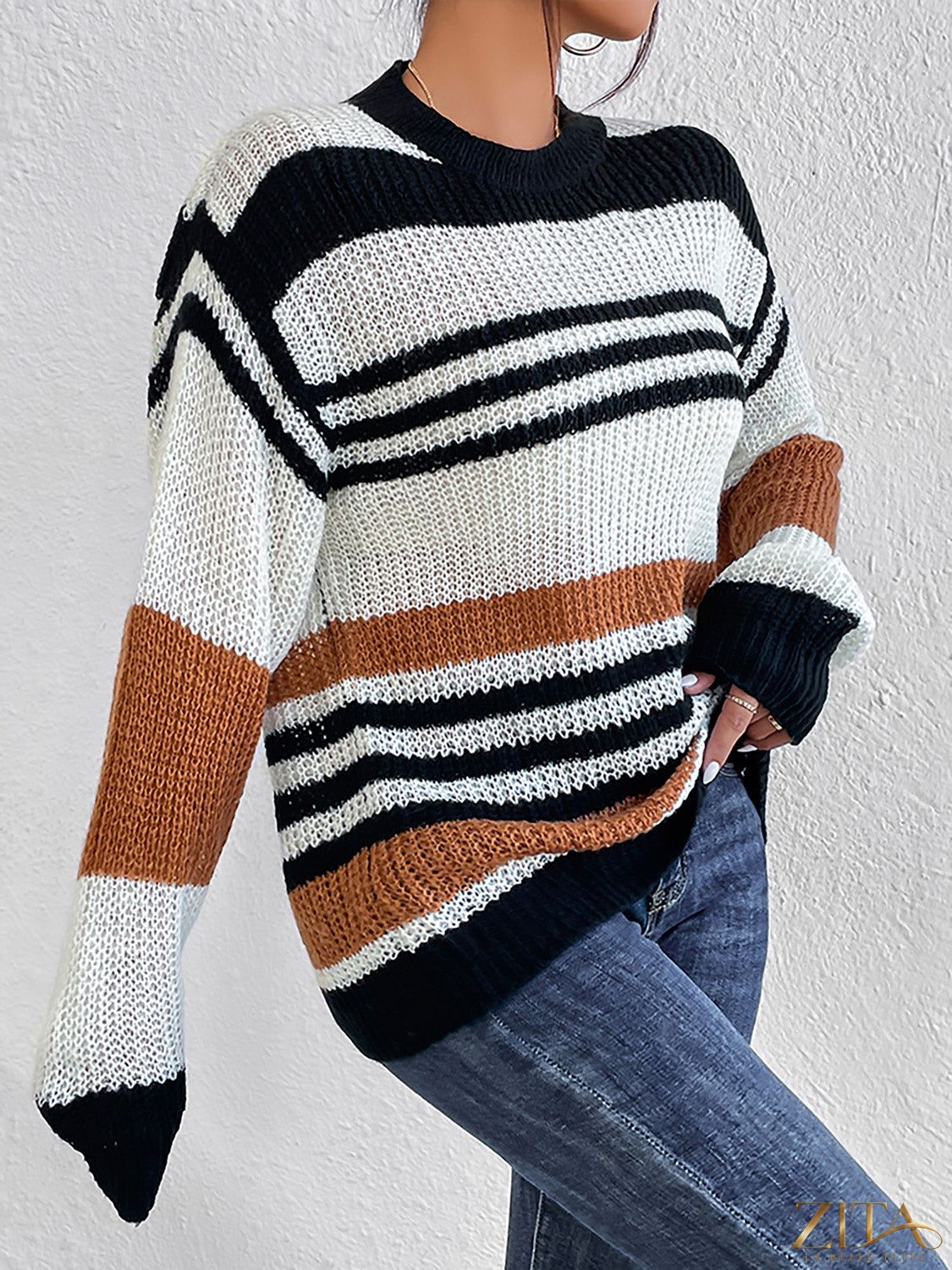 Zita La Belle Elite striped round neck sweater in soft fabric, featuring colorful horizontal stripes and long sleeves.