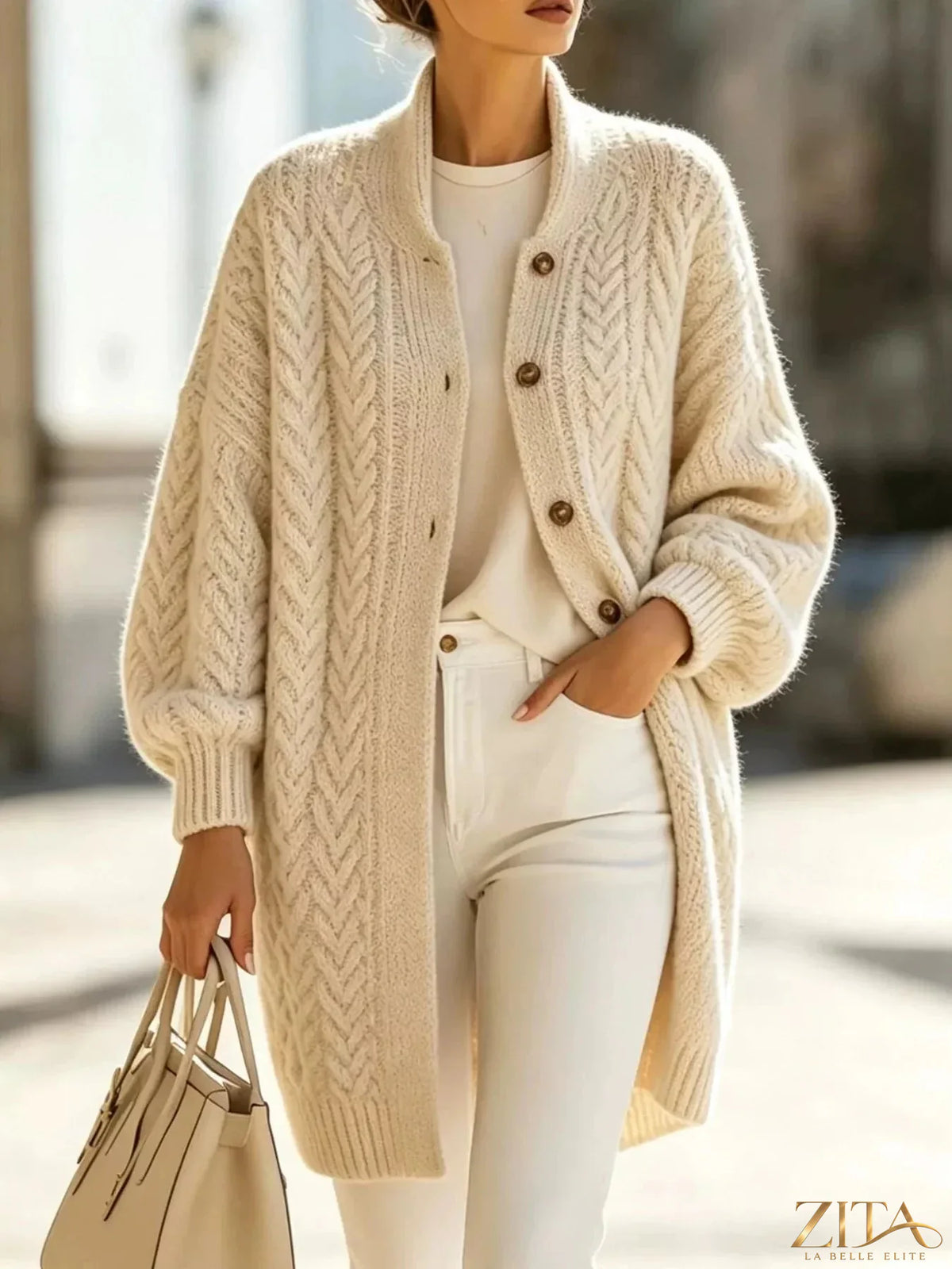 Plus size cable-knit button-down cardigan by Zita La Belle Elite, featuring a full size and classic knit texture.