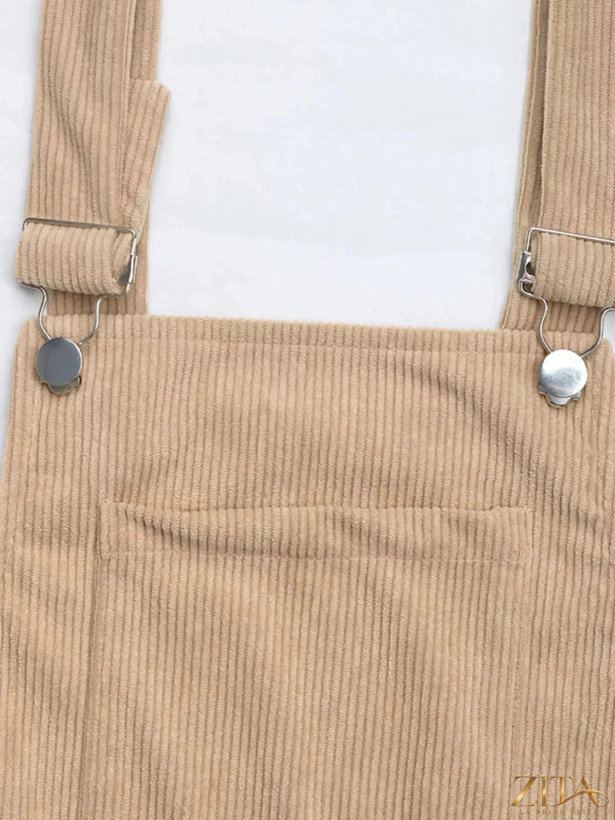 Zita La Belle Elite casual corduroy overall dress with adjustable straps, front pockets, and a relaxed fit in beige color.