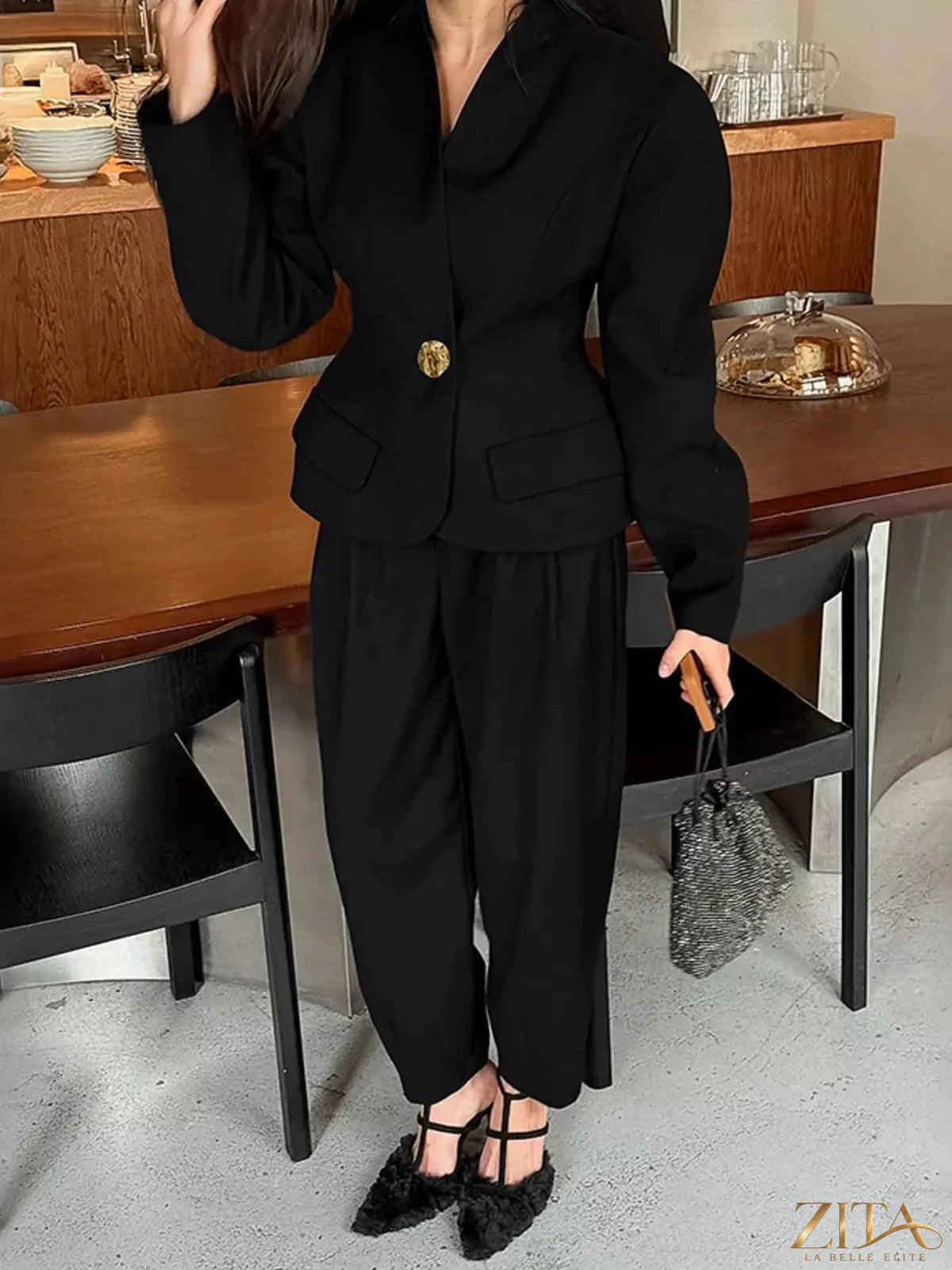 Zita La Belle Elite puffy sleeve blazer and wide-leg pants set, tailored fit, in neutral fabric, stylish and modern fashion ensemble.
