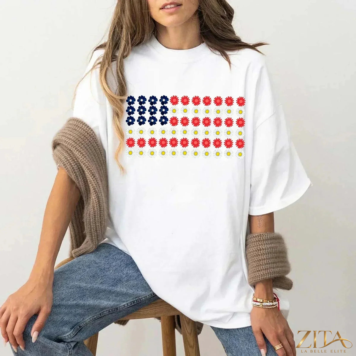 American flag Daysies and flowers Independence Day T-shirt by Zita La Belle Elite, featuring patriotic design and vibrant colors.
