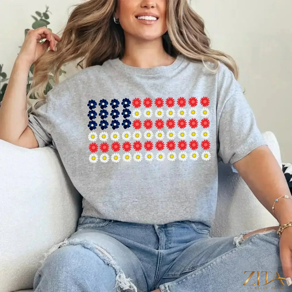 American Flag Daysies flowers Independence Day T-shirt by Zita La Belle Elite, featuring patriotic flag and floral design.