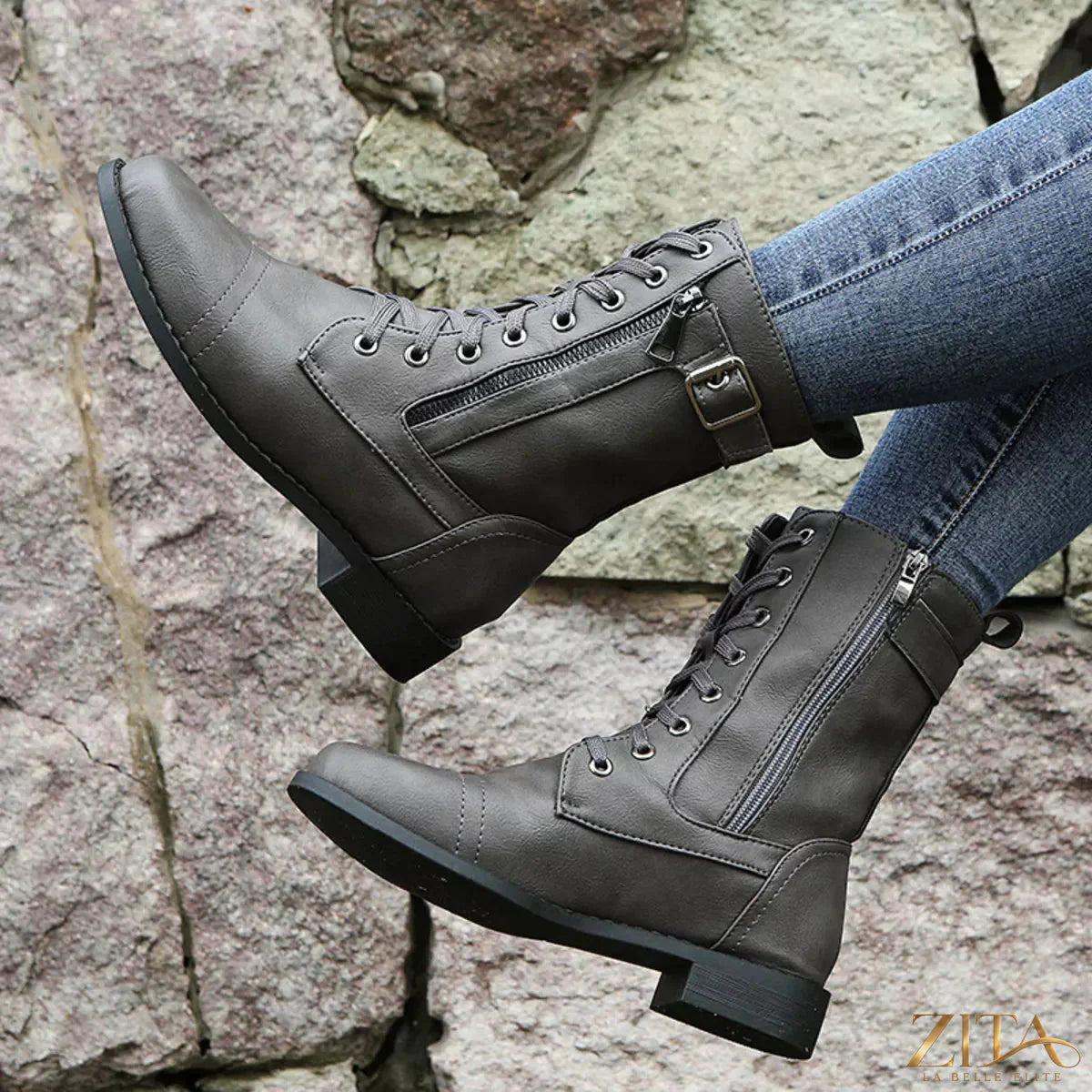 Zita La Belle Elite lace-up ankle boots with zipper detail, featuring stylish design and sturdy soles.