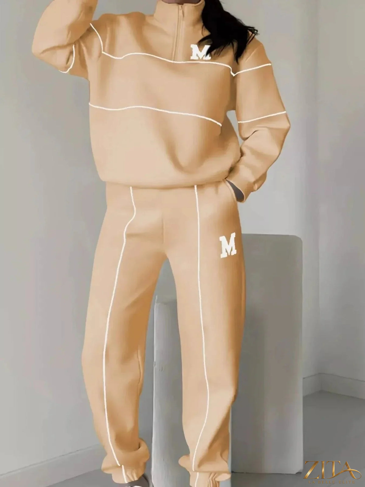 Plus size Zita La Belle Elite striped quarter zip top and matching pants set, full size, comfortable loungewear outfit.