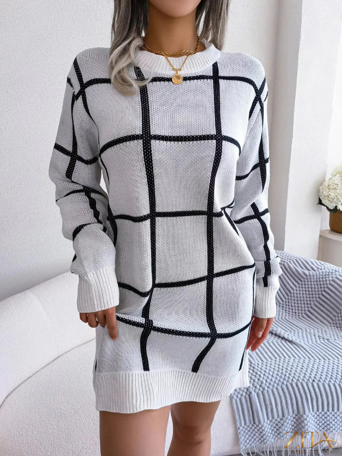 Zita La Belle Elite plaid pattern long sleeve sweater dress with a cozy fit and stylish design, ideal for casual wear.