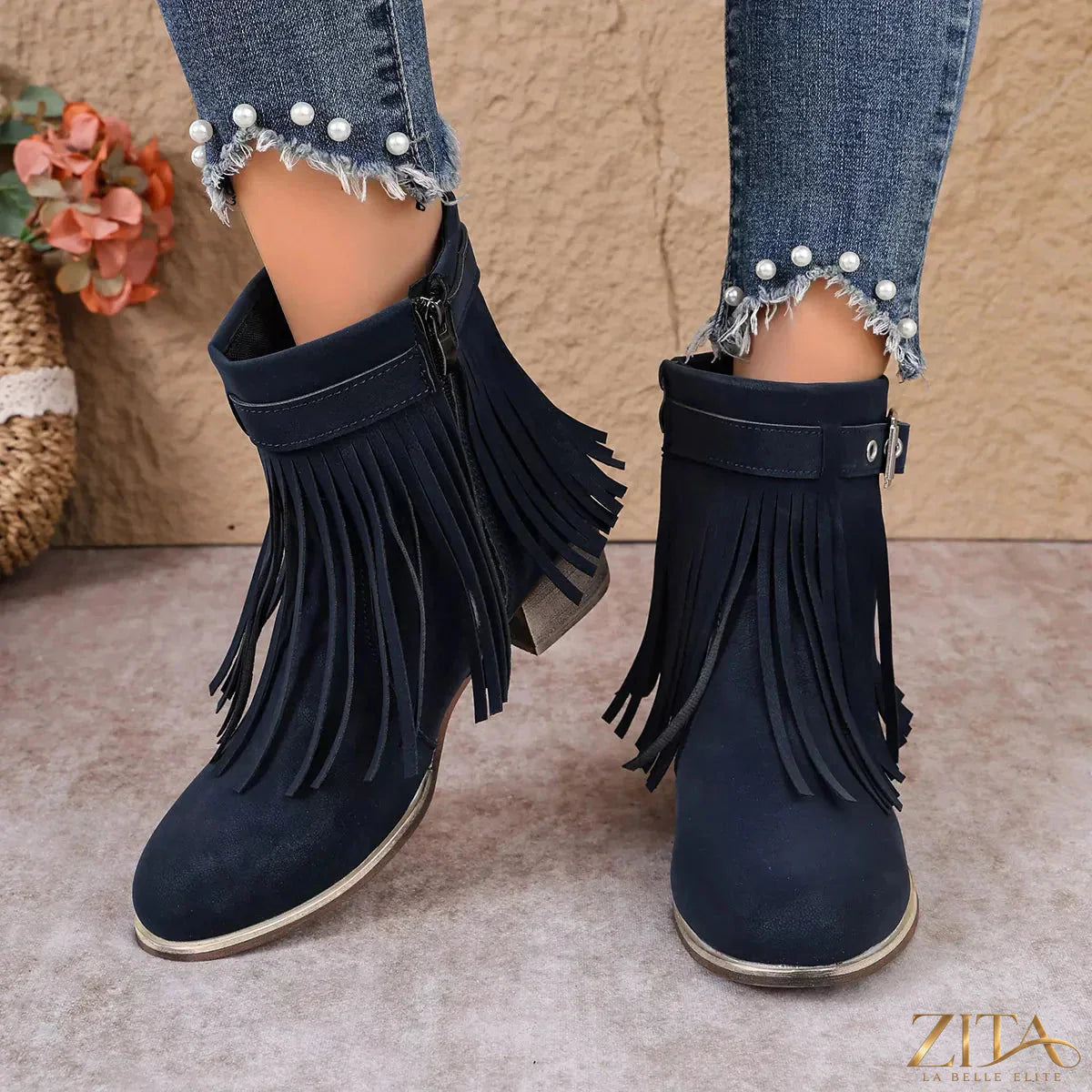 Zita La Belle Elite Fringe Ankle Boots with Buckle Detail, stylish leather boots featuring tassels and buckle accents.