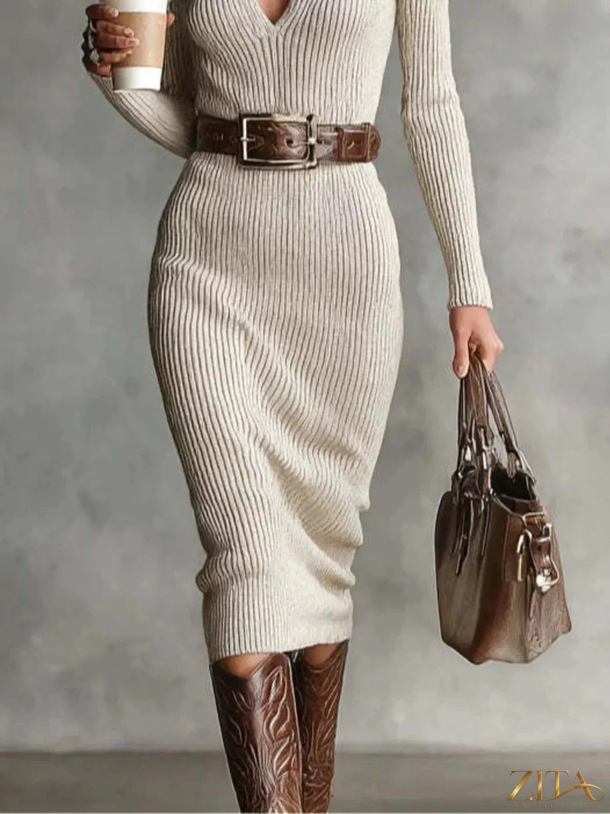 Zita La Belle Elite ribbed knit V-neck sweater dress in cozy, fitted style with long sleeves and textured fabric.