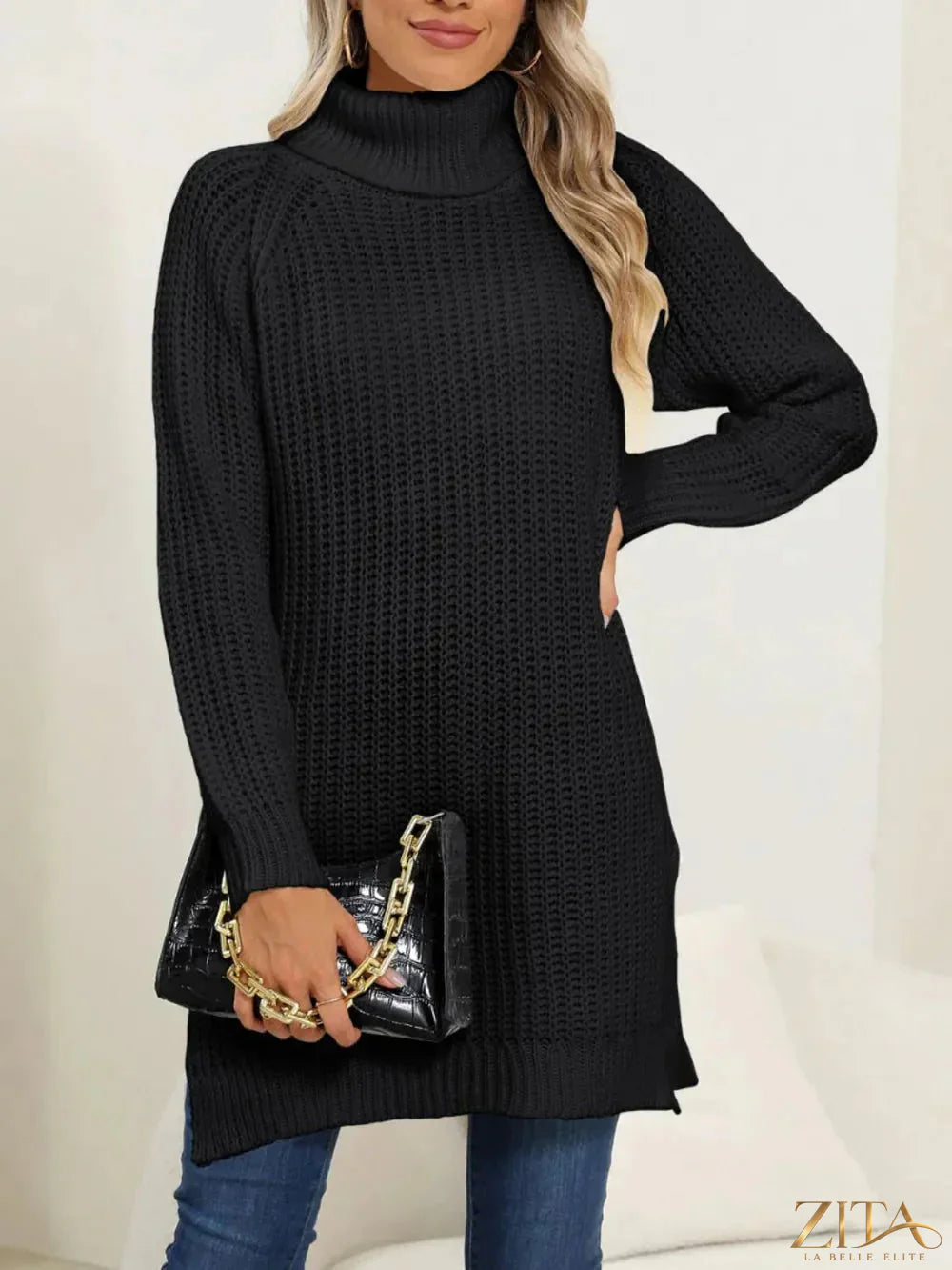 Trendsi slit turtleneck long sleeve sweater in soft knit fabric, featuring a stylish side slit and fitted design.
